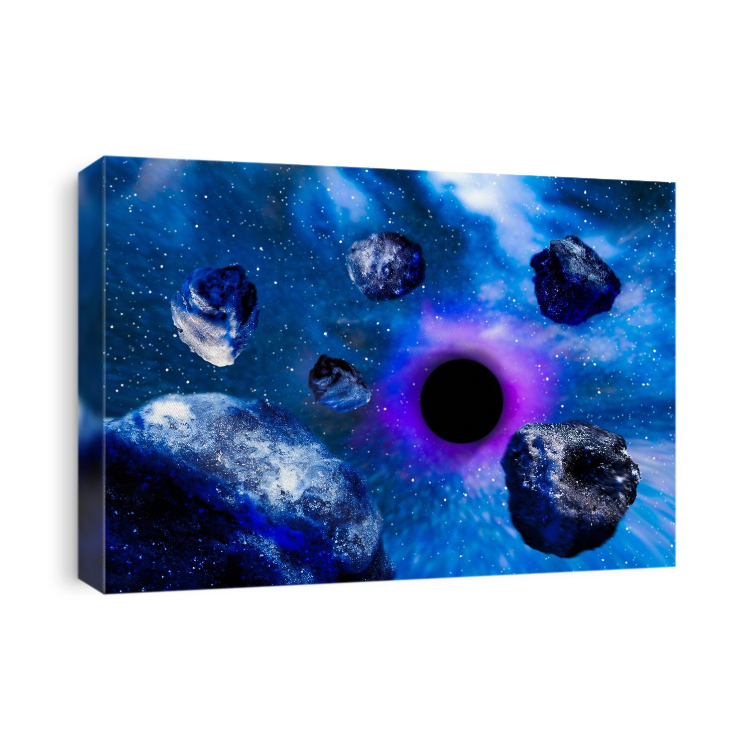 Black hole's pull, conceptual image. Computer illustration showing asteroids being pulled in towards a black hole at the centre of a galaxy. Black holes occur when stars of a certain size use up all of their nuclear fuel. A star in such a situation begins to shrink and become very dense - the more dense it becomes, the greater its gravitational field, to the point that nothing, not even light, can escape