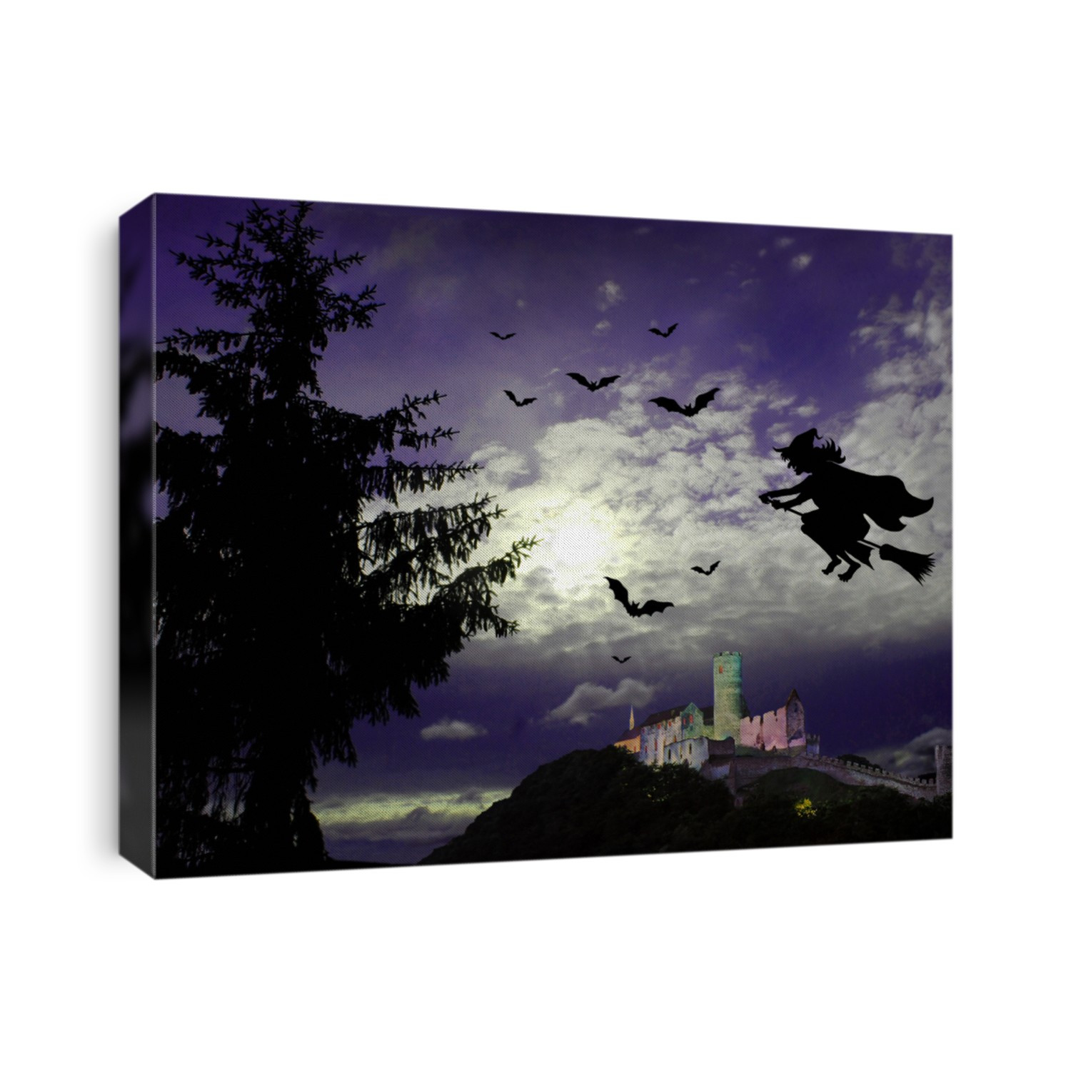 Mysterious dark scene with flying witch, castle ruin, bats and big tree in moonlight