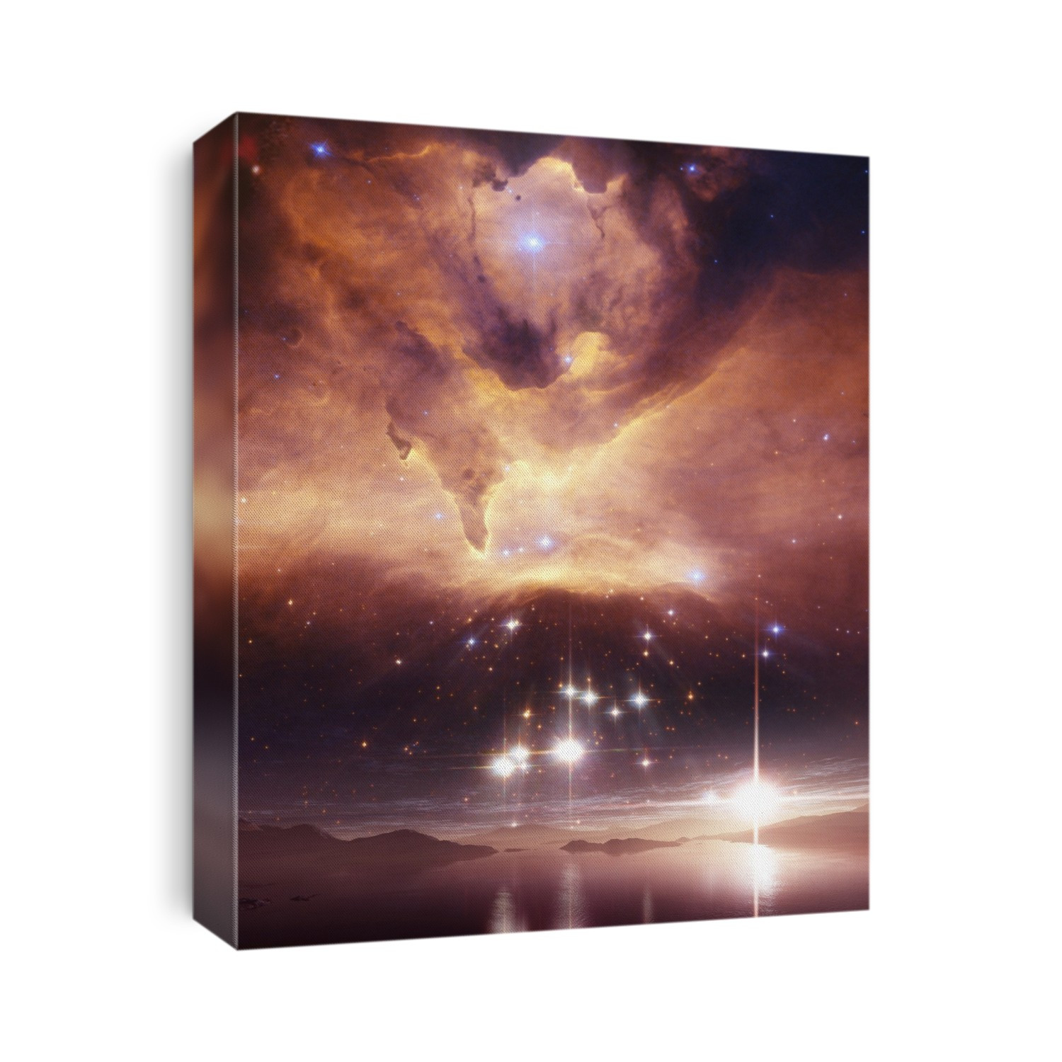Alien planet and nebula. Computer illustration of a view across lakes on the surface of an alien planet with the star-forming clouds of gas and dust of nebula in the background.