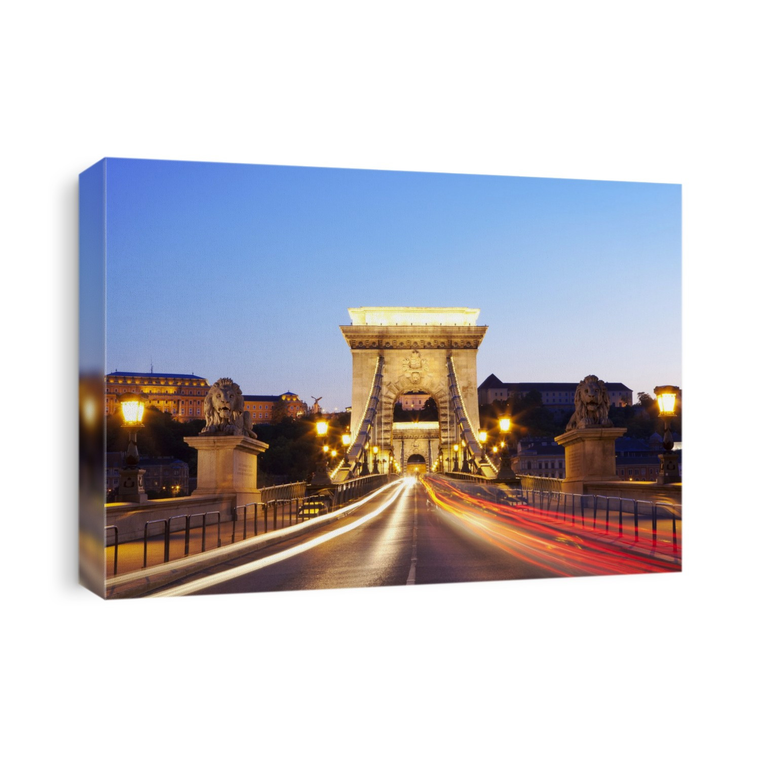 Traffic trails over the Chain Bridge over the river Danube in Budapest.