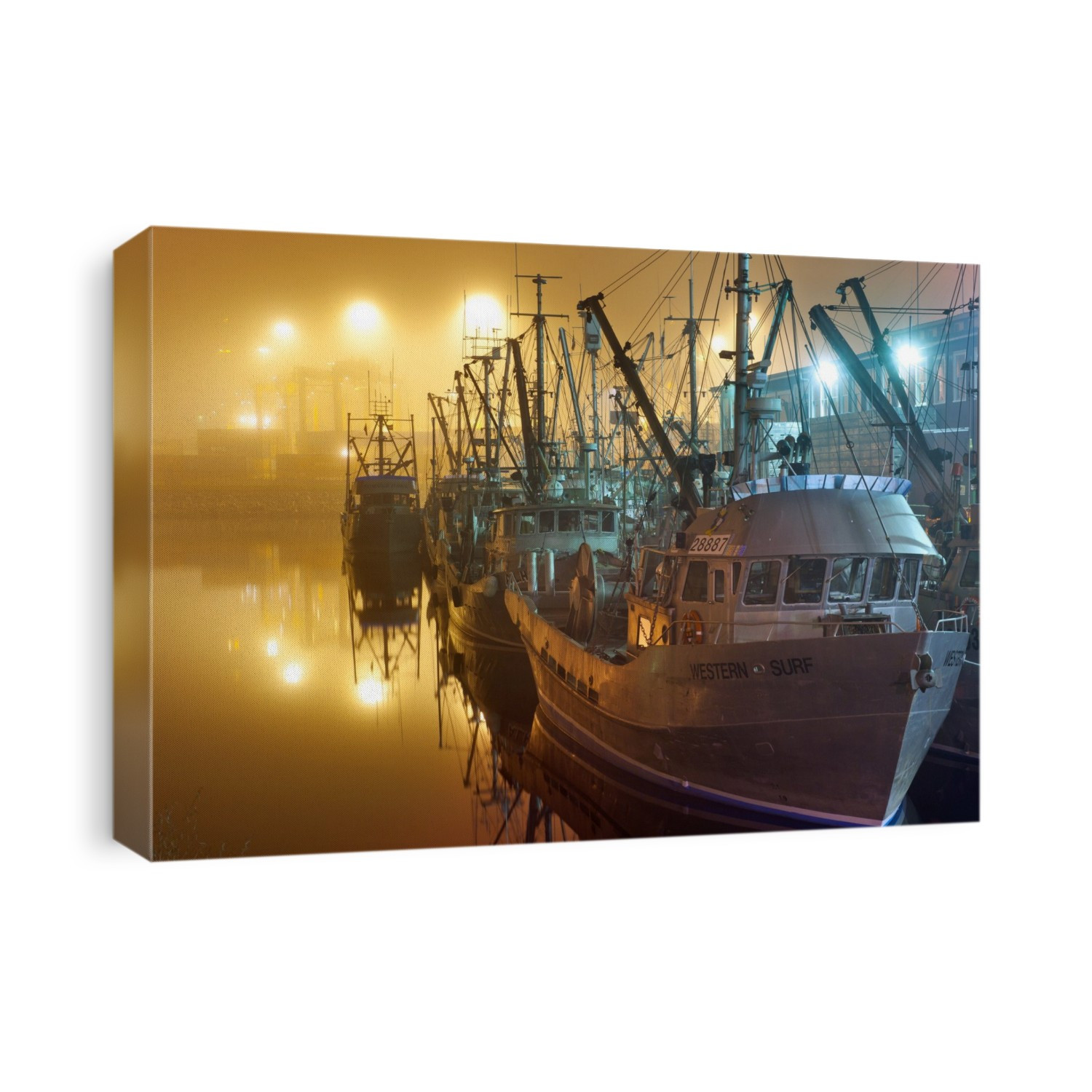 Fishing port at night. Sodium vapour and fluorescent lights illuminating commercial fishing boats in Vancouver Harbour, Canada.