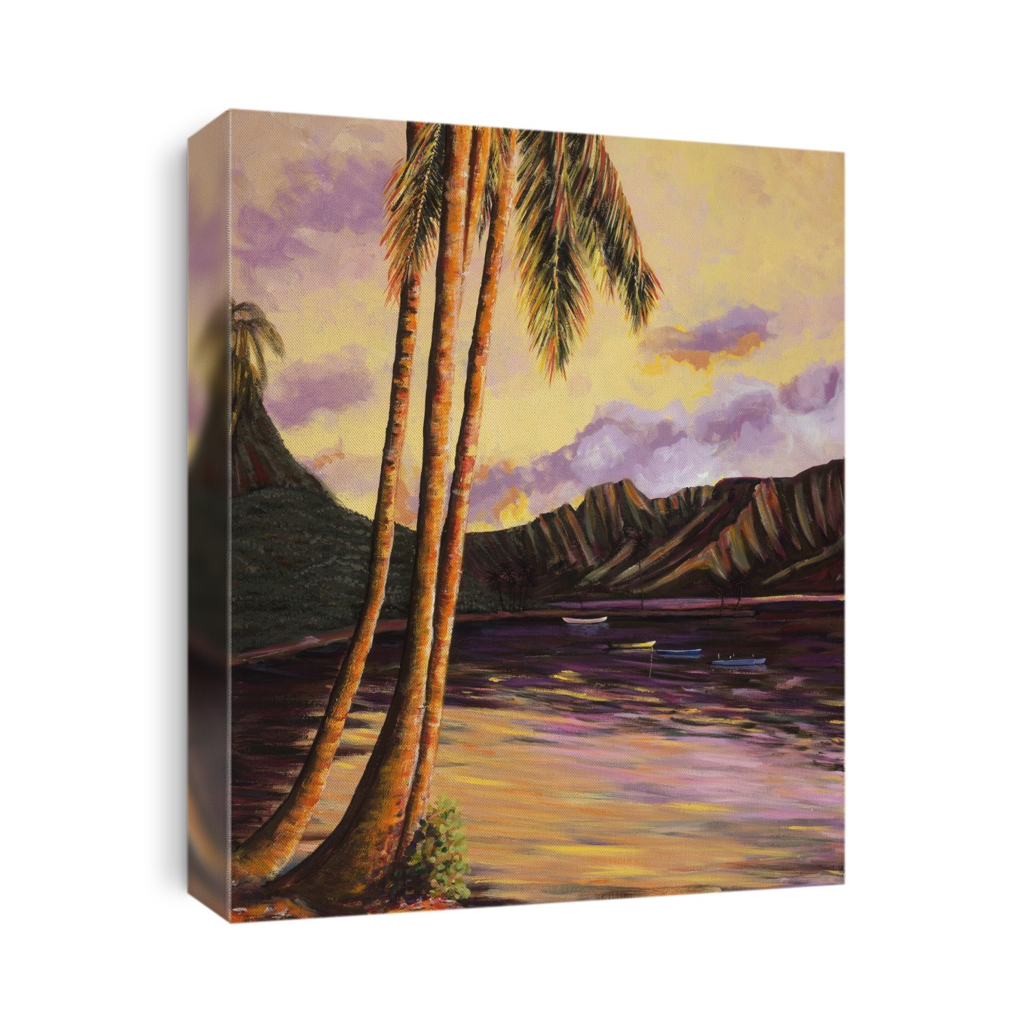 Glowing Kualoa (Diptych 1 Of 2), Hawaii, Oahu, Kualoa Point Left Side And Reflections At Sunset (Acrylic Painting) - Diptych Series With Image# 10242-60008-A7.