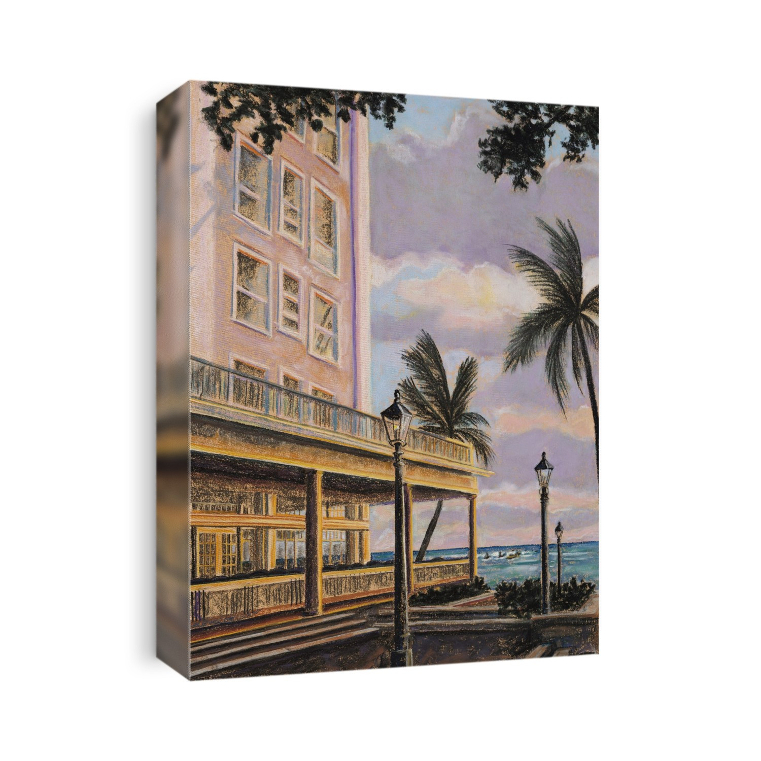 Moana At Sunset, Hawaii, Oahu, Town At Dusk And Oceanview (Acrylic Painting).