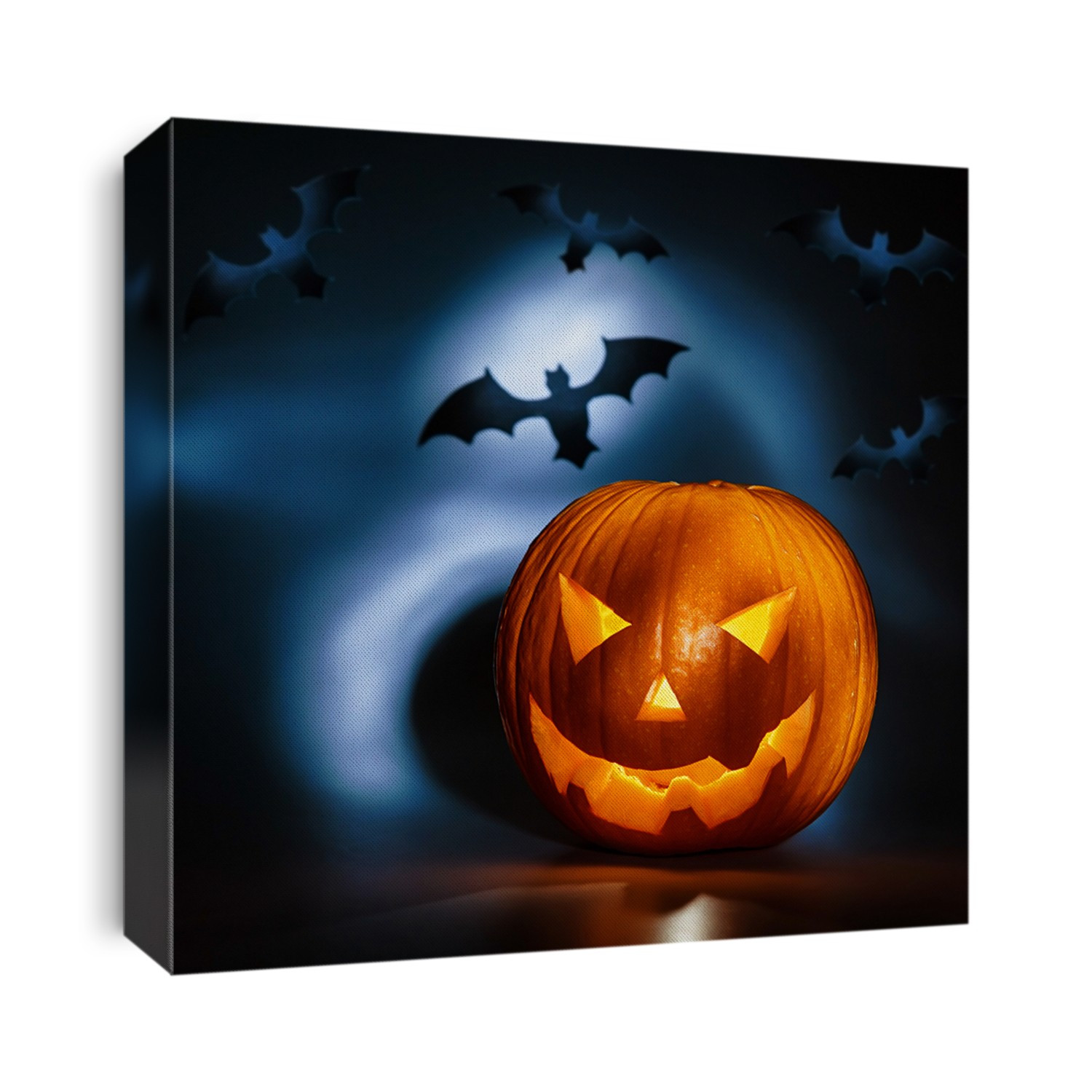 Picture of halloween holiday background, carved glowing pumpkin and black bat in dark night, jack-o-lantern, creepy nightmare, scary shadow, halloween celebration