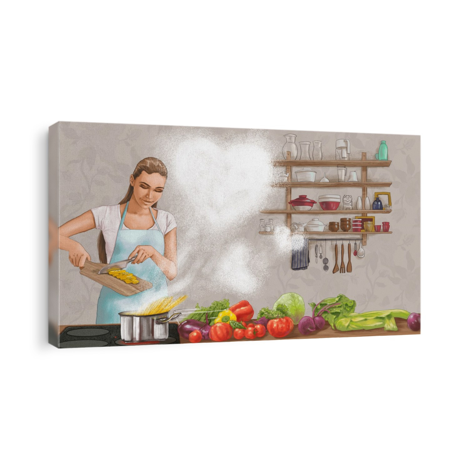 Illustration of woman cooking food representing care for family.