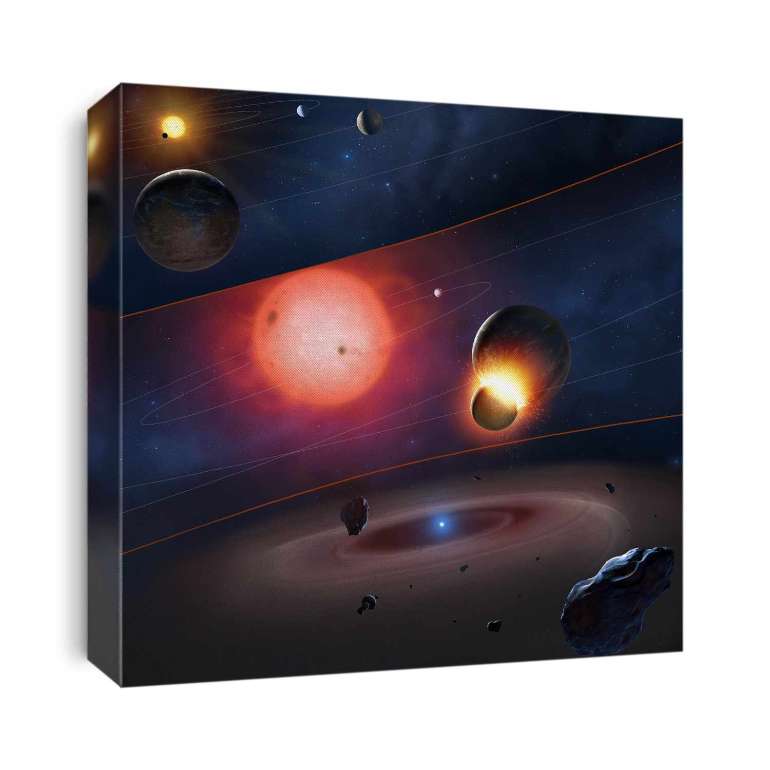 Astronomers have found that certain white dwarf stars have atmospheres which are very rich in the rocky elements (such as silicon) which comprise Earth-like planets. A white dwarf is the core of an initially much larger star, whose outer layers have been lost when the star expanded to become a red giant. Astronomers suspect that as the star expands, it perturbs the orbits of any planets around it, perhaps leading to collisions. Repeated collisions grind down the planets into smaller and smaller pieces of rubble until the star, now a white dwarf, is surrounded by a disc of dust and hot gas. This image depicts the various stages in this process. At the top we see the planetary system it its youth. In the middle, the star has become a red giant and some planets have started to collide. And in the last frame, we see the resultant disc surrounding the white dwarf.