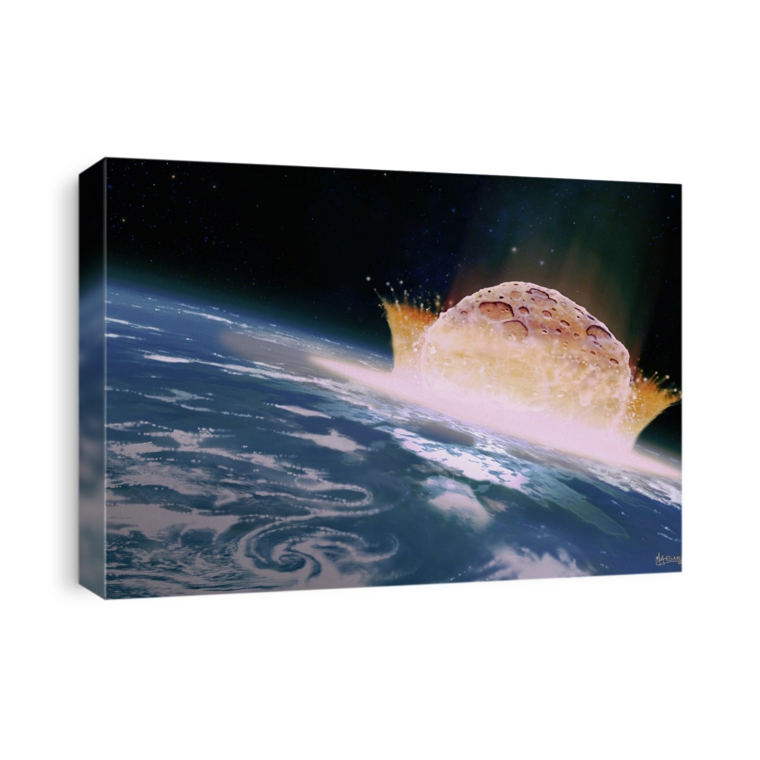 Asteroid impact. Computer illustration of a large asteroid colliding with Earth. Such an impact is believed to have led to the death of the dinosaurs some 65 million years ago. The impact formed the Chicxulub crater on Mexico's Yucatan Peninsula, which is around 200 kilometres wide. The impact would have thrown trillions of tons of dust into the atmosphere, cooling the Earth's climate significantly, which may have been responsible for the mass extinction. A layer of iridium-rich rock, known as the K T boundary, is thought to be the remnants of the impact debris.