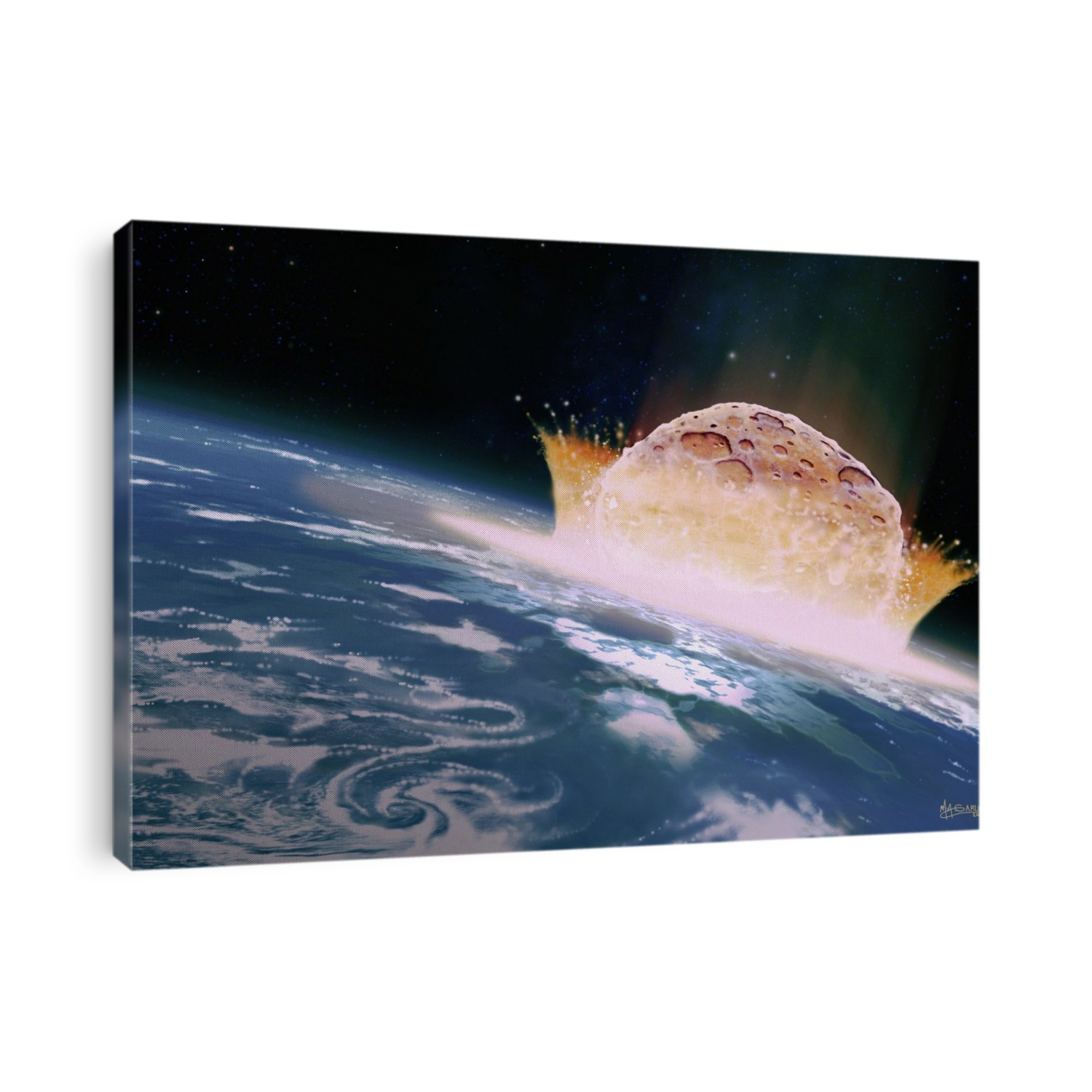 Asteroid impact. Computer illustration of a large asteroid colliding with Earth. Such an impact is believed to have led to the death of the dinosaurs some 65 million years ago. The impact formed the Chicxulub crater on Mexico's Yucatan Peninsula, which is around 200 kilometres wide. The impact would have thrown trillions of tons of dust into the atmosphere, cooling the Earth's climate significantly, which may have been responsible for the mass extinction. A layer of iridium-rich rock, known as the K T boundary, is thought to be the remnants of the impact debris.