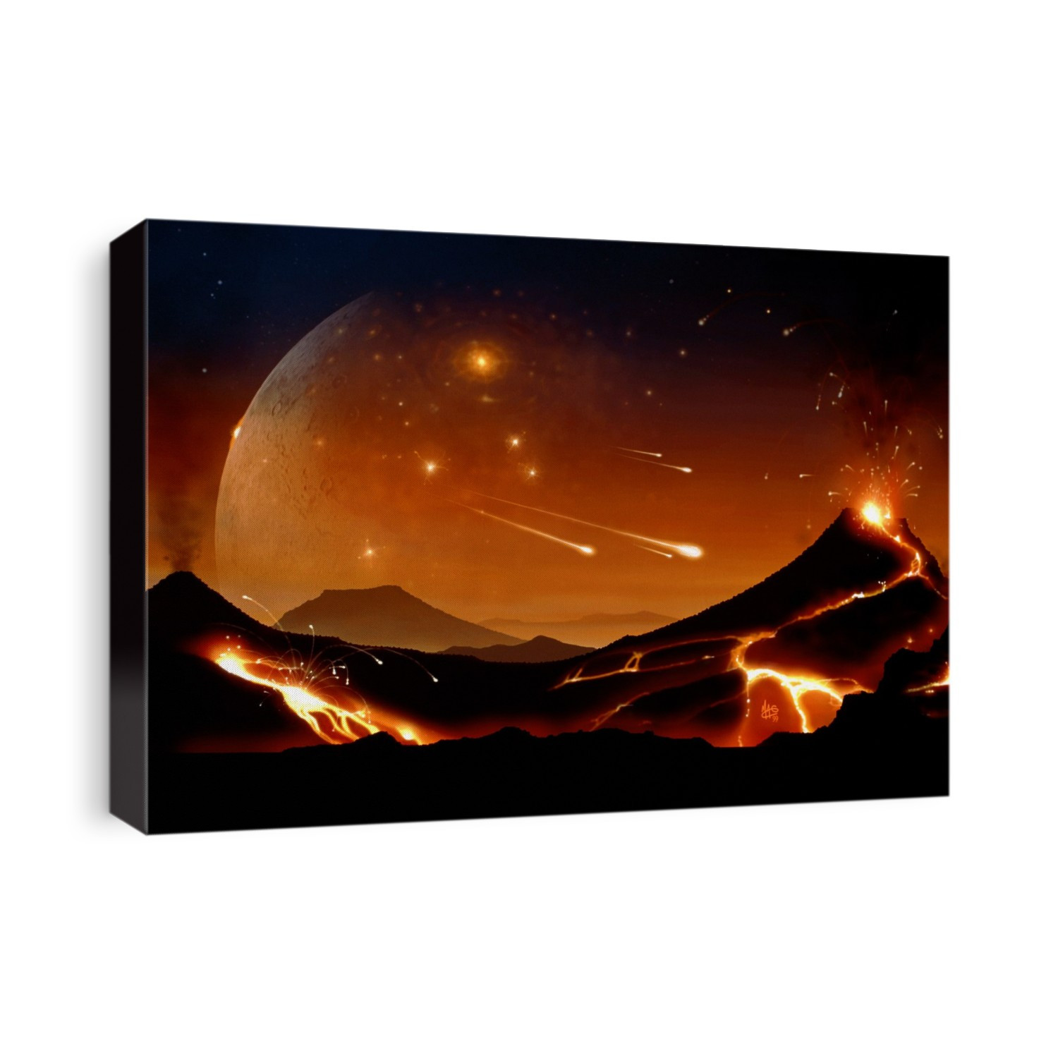 Early Earth. Illustration of meteorites falling on a young Earth during its formation. Bright explosions on the surface of the Moon show a similar process is taking place there. The Moon appears much larger in the sky as it was nearer to Earth at this time. The meteorites on Earth have bright tracks caused by them partly burning up in Earth's primitive atmosphere. The Earth is thought to have formed around 4.6 billion years ago from the accretion of rocks and dust. The Moon is though to have coalesced from the debris of a collision between the young Earth and a similar but smaller body.