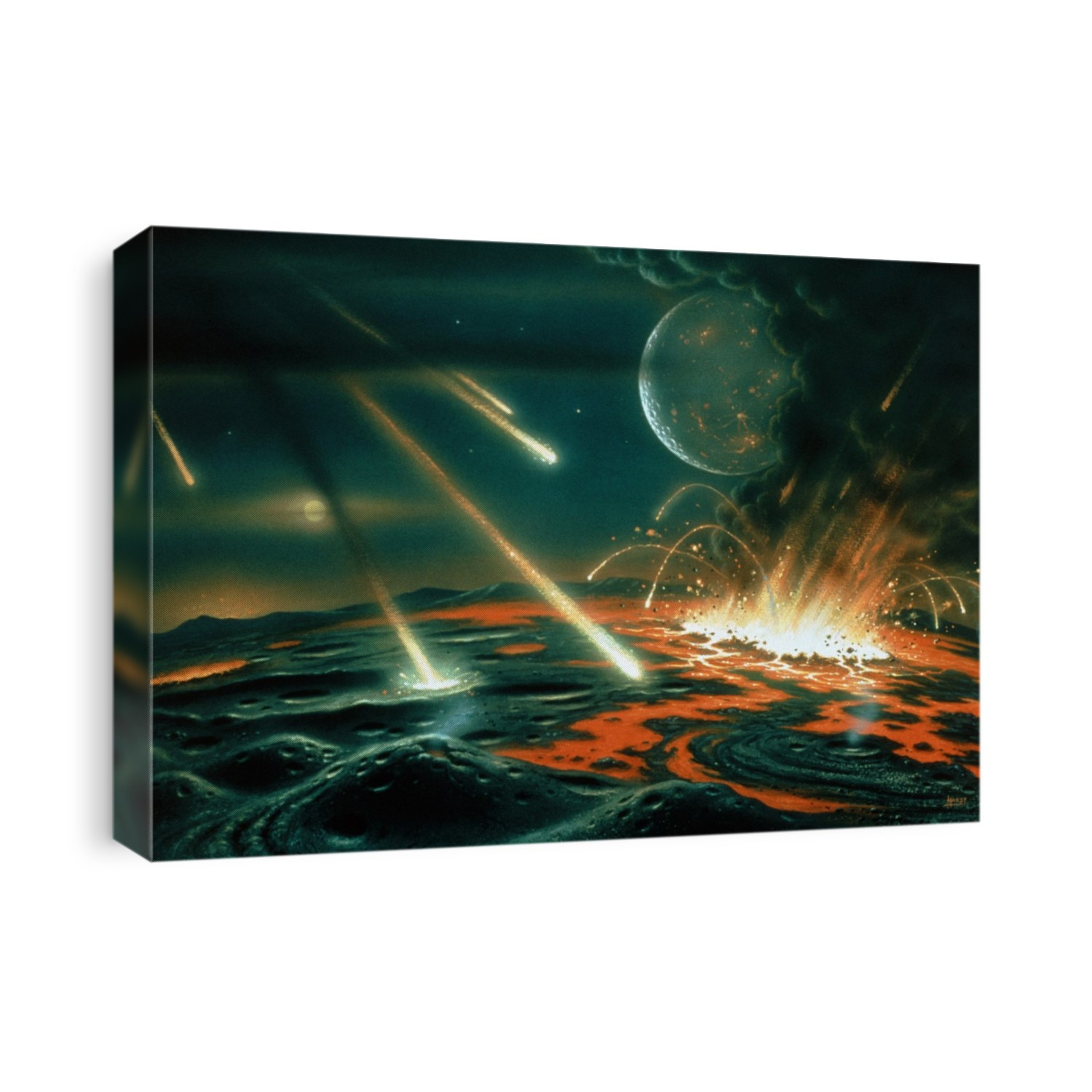 Artist's impression of the primeval Earth. The cooling Earth was constantly bombarded by planetesimals of all sizes. Atmosphere and water has eroded most of the craters away in the aeons since, but on the other rocky bodies of the Solar System they are still to be seen.