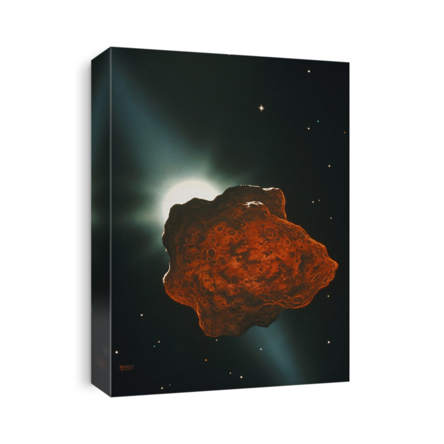 Artist's impression of the asteroid Icarus during its close approach to the Sun. The asteroids lie in well-defined belts between the orbits of Mars & Jupiter, but some of them have extremely eccentric orbits. Icarus, with a diameter of 1.4 km, approaches closer to the Sun than Mercury, at which time it is believed to glow red-hot.