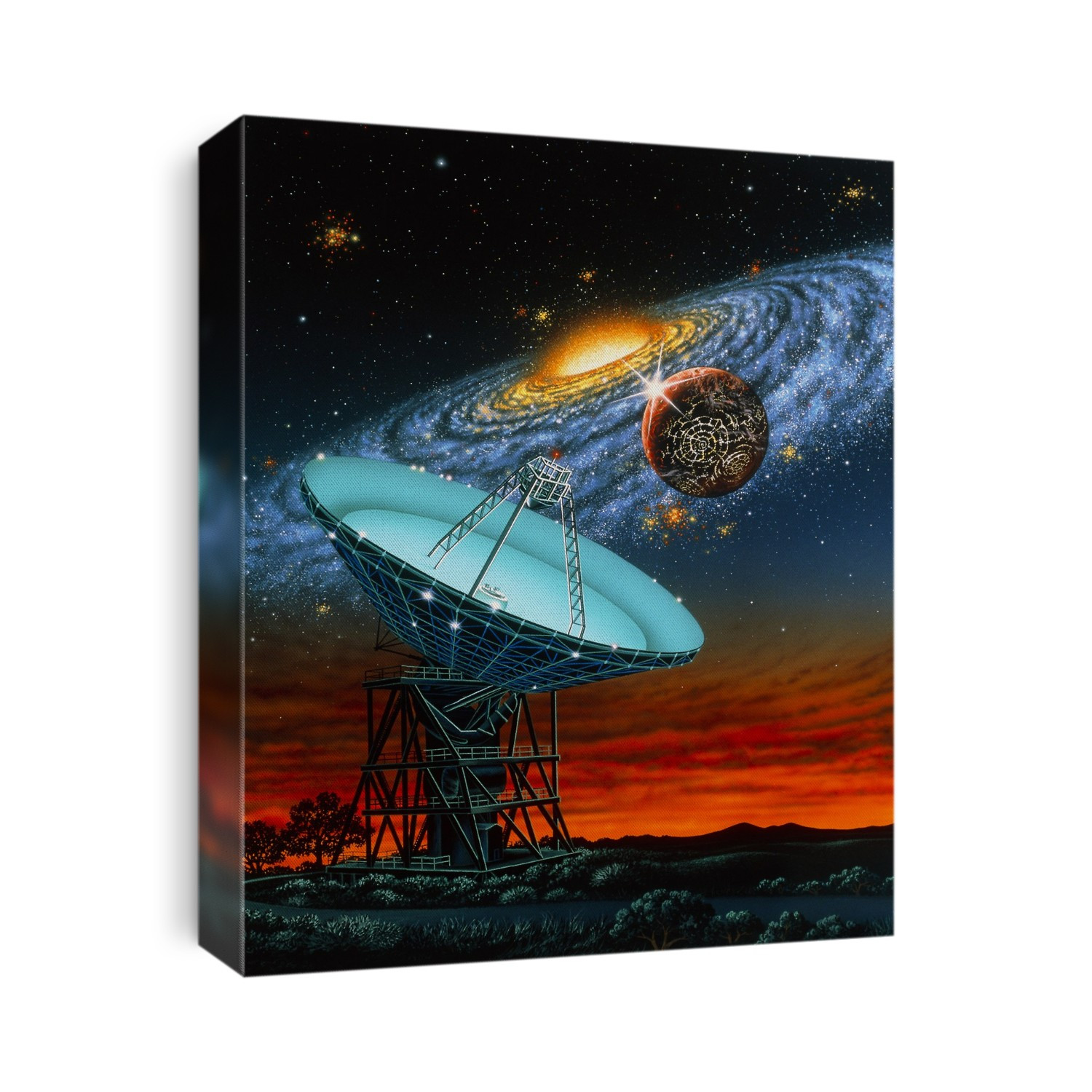 Search for extra-terrestrial intelligence. Artwork of a radio dish antenna pointing up towards our galaxy, the Milky Way. An alien planet is seen above and to the right of the dish, with patterns of artificial lights on its night side. This represents the SETI (Search for Extra-Terrestrial Intelligence) project set up by NASA, involving the Arecibo and 34-metre Goldstone antennae scanning the sky for radio signals from extra- terrestrial civilisations. The project was cancelled due to funding difficulties at NASA, yet part of it continues under the name Project Phoenix. The search has yet to find evidence of alien intelligence.