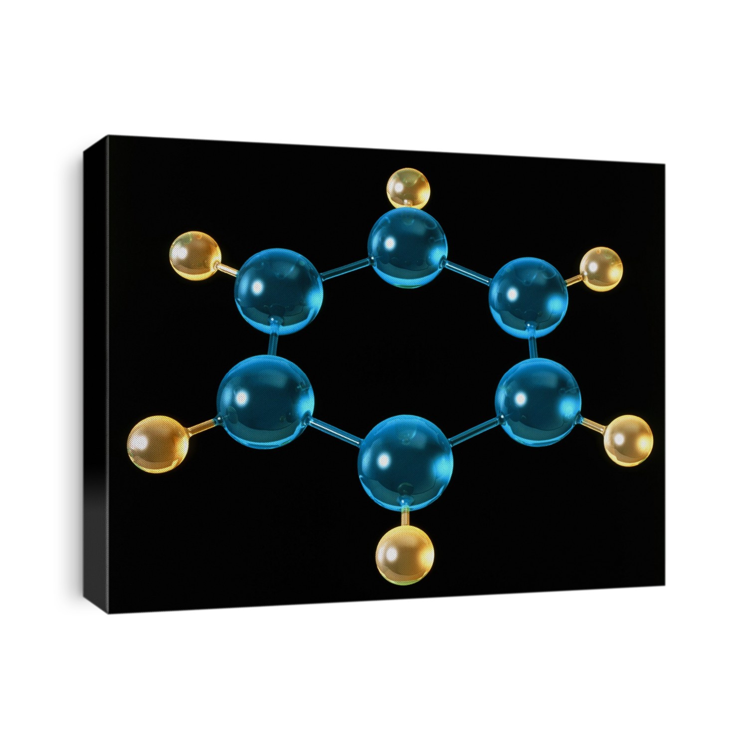 Benzene. Computer model of a molecule of benzene. The atoms are represented as spheres bonded by rods, and are colour-coded: carbon (blue) and hyd- rogen (yellow). Benzene has the chemical formula C6H6. It is a colourless liquid with a characteristic smell. It is highly inflammable and long-term exposure to it is thought to cause cancer. Benzene is obtained commercially from components (fractions) of petroleum. It is used to manufacture other chemicals and as a solvent for many simple organic compounds. The central six- carbon ring is aromatic: the bonding electrons are delocalised through the entire ring rather than being confined to just one carbon-carbon bond.