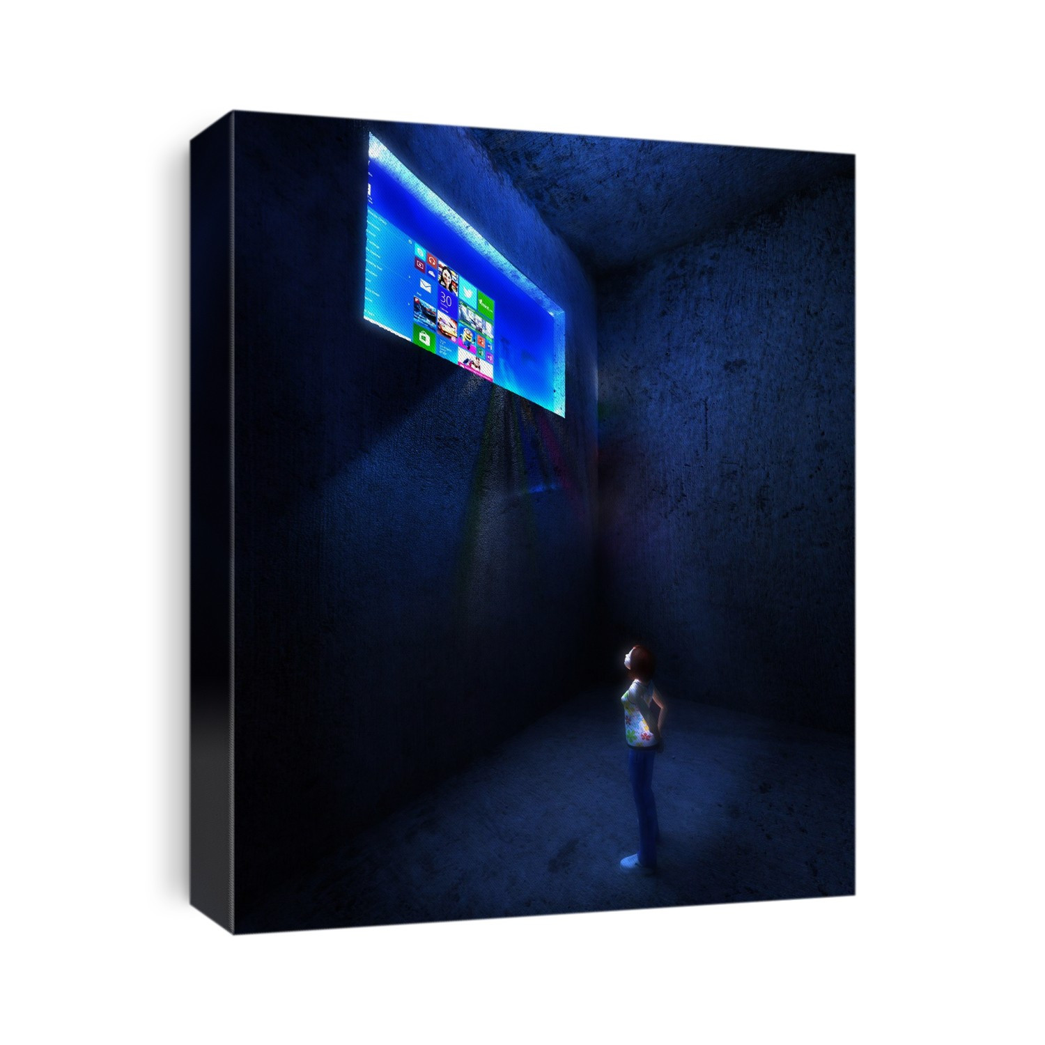 Computer isolation. Conceptual image of a woman alone in a darkened room looking up at a glowing screen displaying computer application buttons and social media and internet links. This could represent the isolating aspects of computer use.