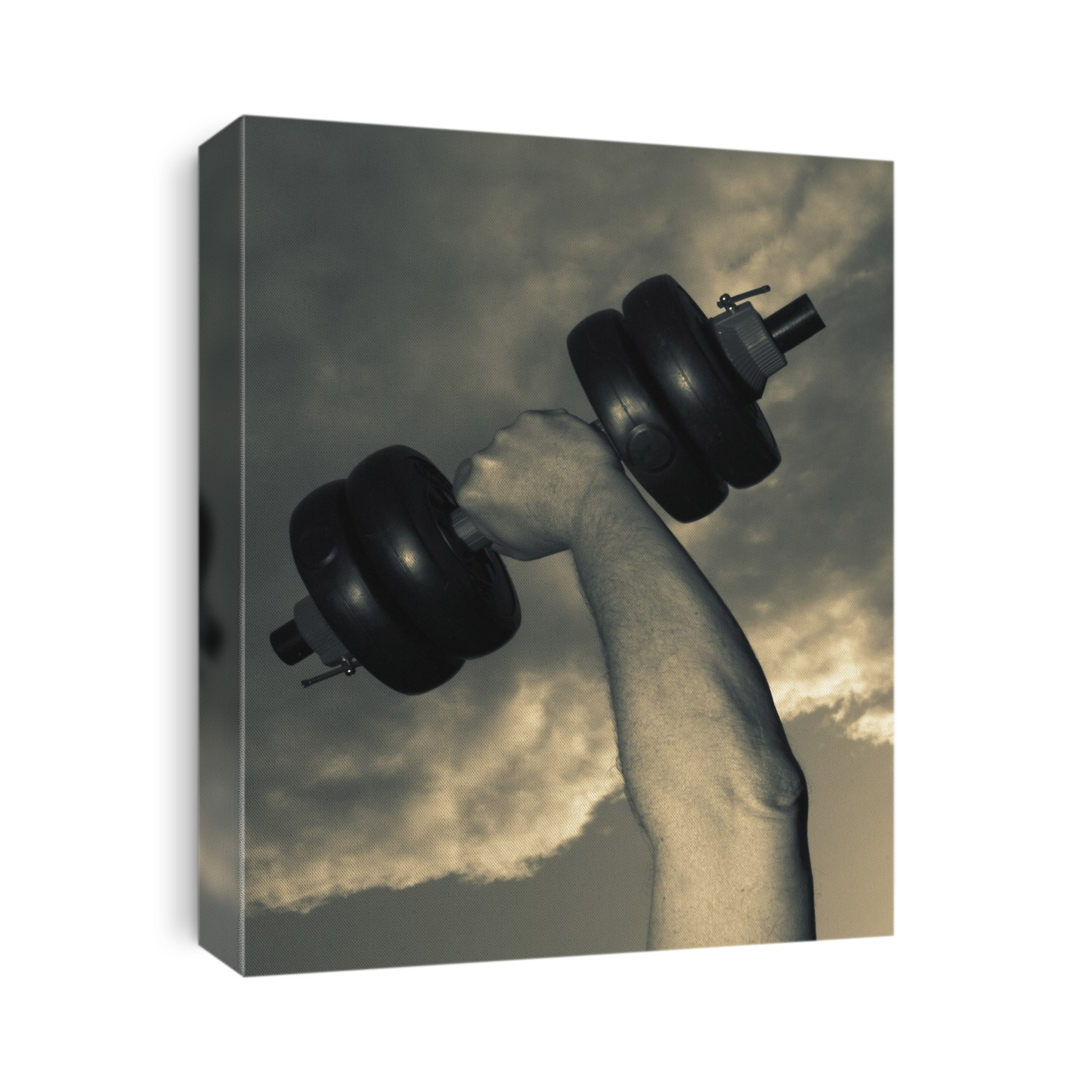 Dumb-bell. Dumb-bell lifted up against the sky during a workout.
