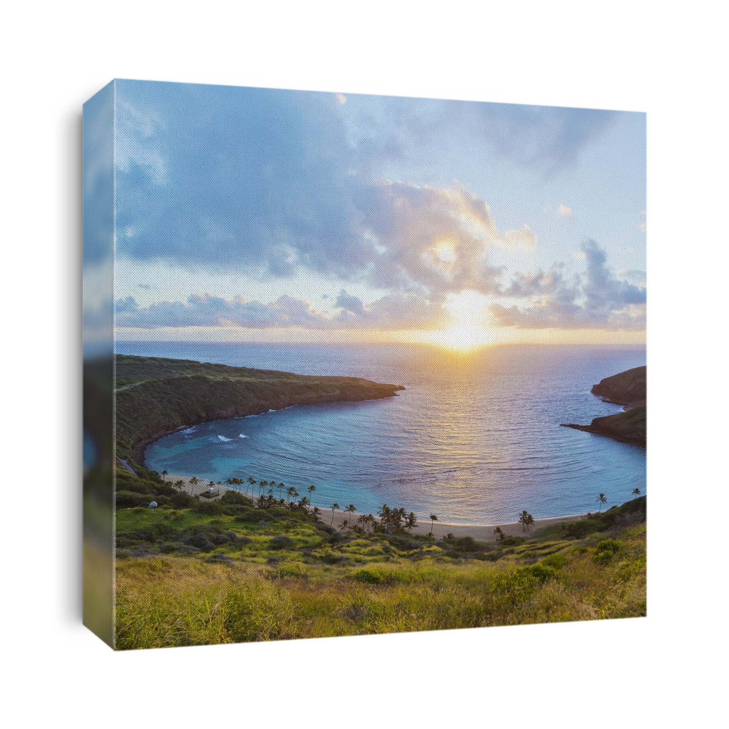 View of Hanauma Bay Nature Preserve at sunrise from the top of the ridge, East Honolulu; Honolulu, Oahu, Hawaii, United States of America