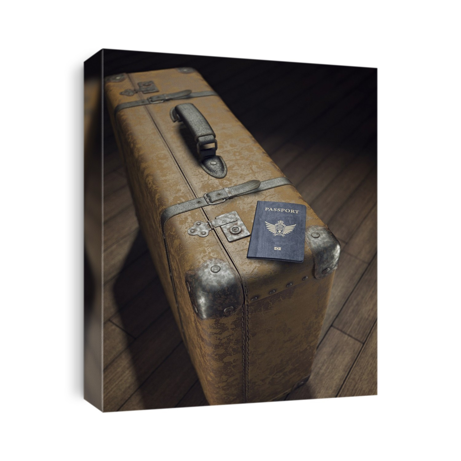 Vintage suitcase with a passport, computer illustration.