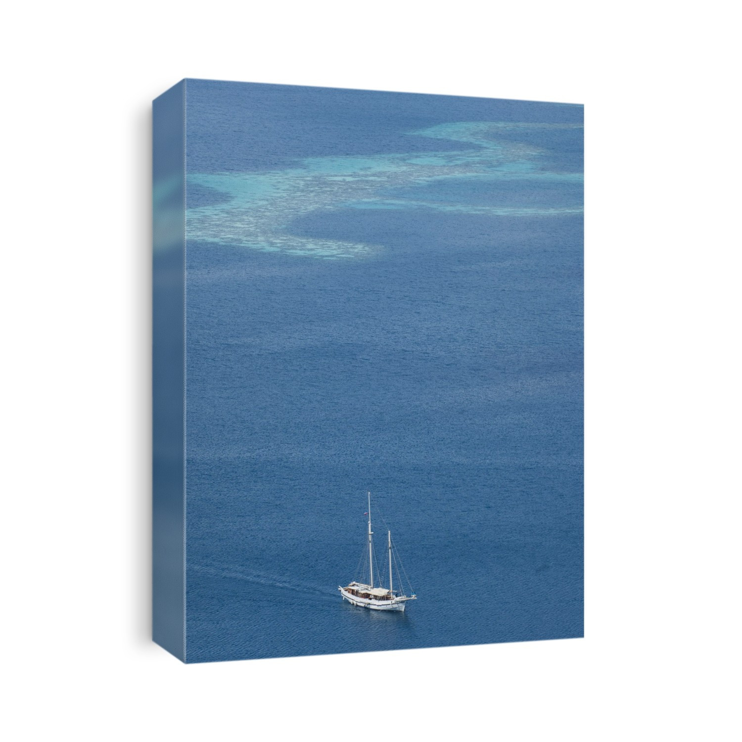Aerial view of the yacht Raja Laut with coral reef in the background. Photographed from the top of a hill on Bohey Dulang Island, Sabah, Malaysia.