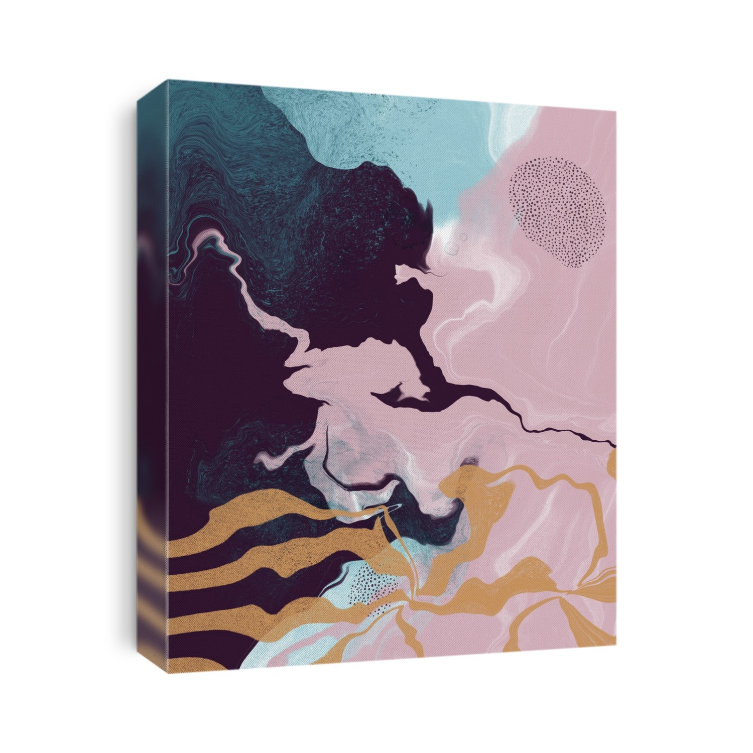 Abstract liquid artwork in gold, teal, pink and purple