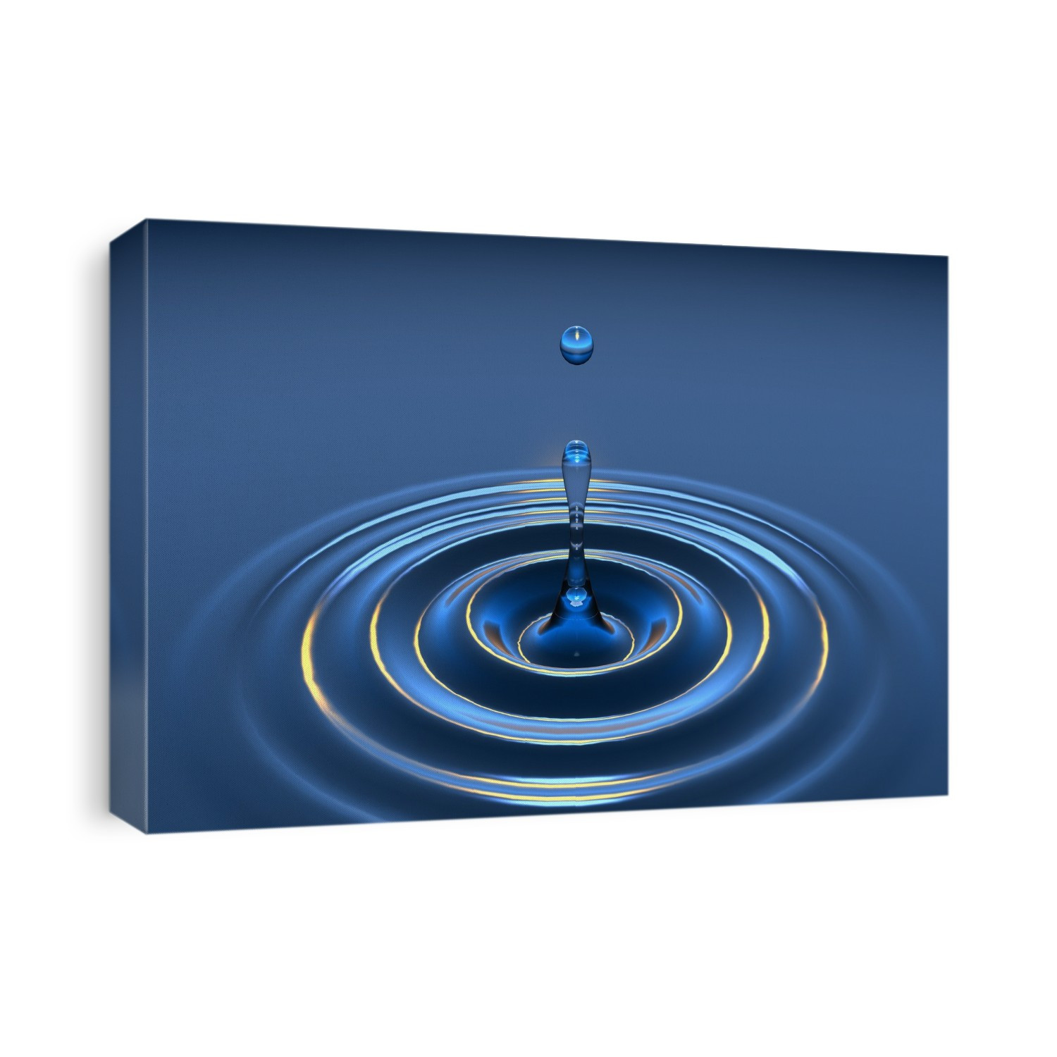 Water drop impact. Computer artwork of secondary drop formation following the impact of a water drop falling into a pool of water. The impact causes the surface of the pool to collapse, creating a rush of water inwards and upwards to form a column. Surface tension effects along the column create secondary drops. Ripples of water radiate outwards in concentric circles.