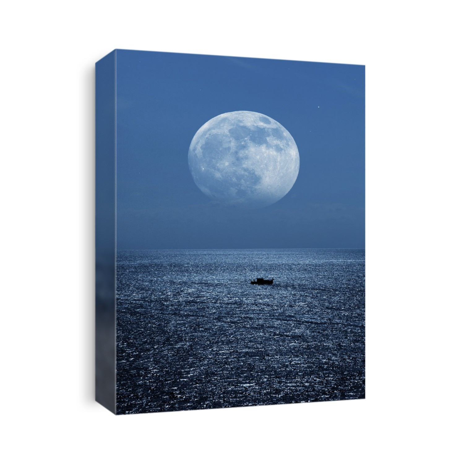 Full Moon rising over the sea and a boat. The lunar surface includes impact craters, maria (dark areas) and highlands (light areas). Photographed in the Mediterranean Sea.