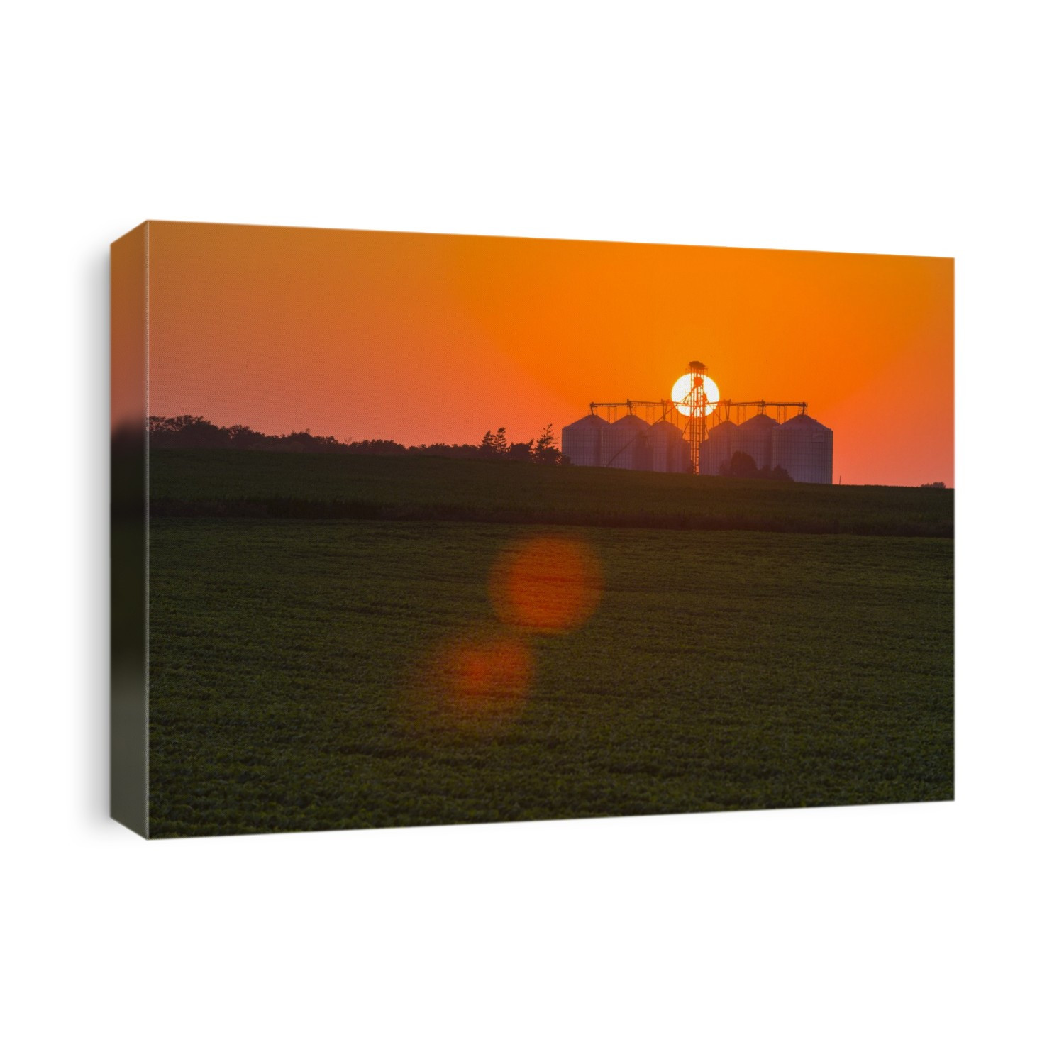 The Sun Sets Behind A Large Commercial Grain Storage Facility In Mid-Summer In Central Iowa With A Green Soybean Field And Green Corn Field In The Foreground; Iowa, United States Of America
