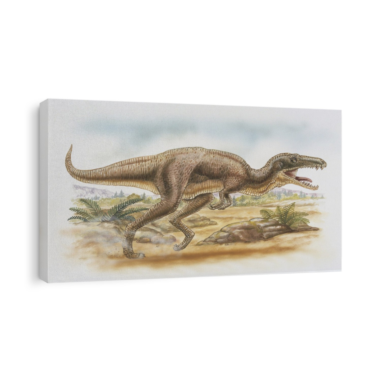Side profile of an aublysodon running on a landscape (Aublysodon mirandus).