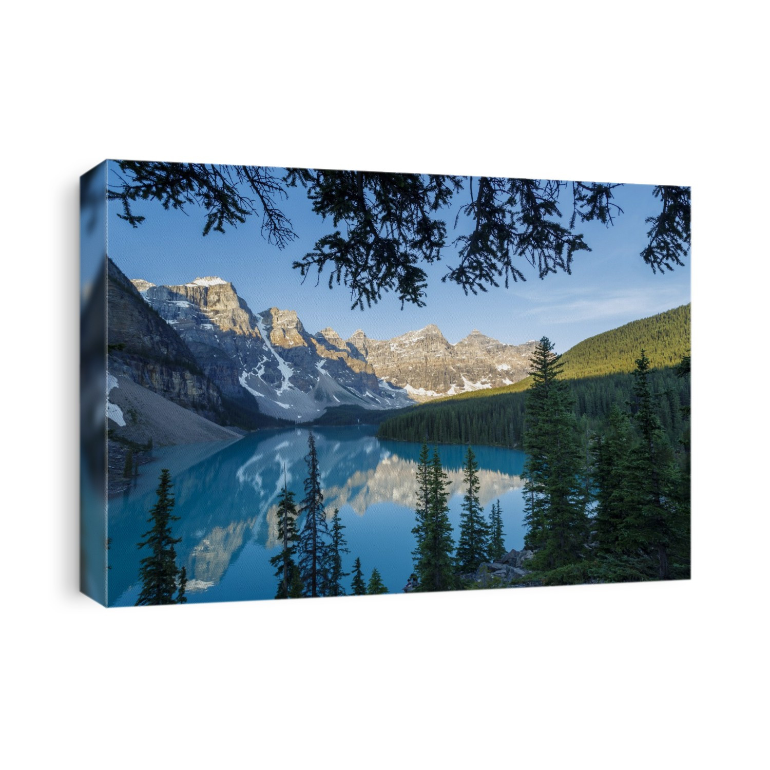 Valley of the Ten Peaks reflected in the tranquil water of Moraine Lake under a bright blue sky in Banff National Park; Alberta, Canada