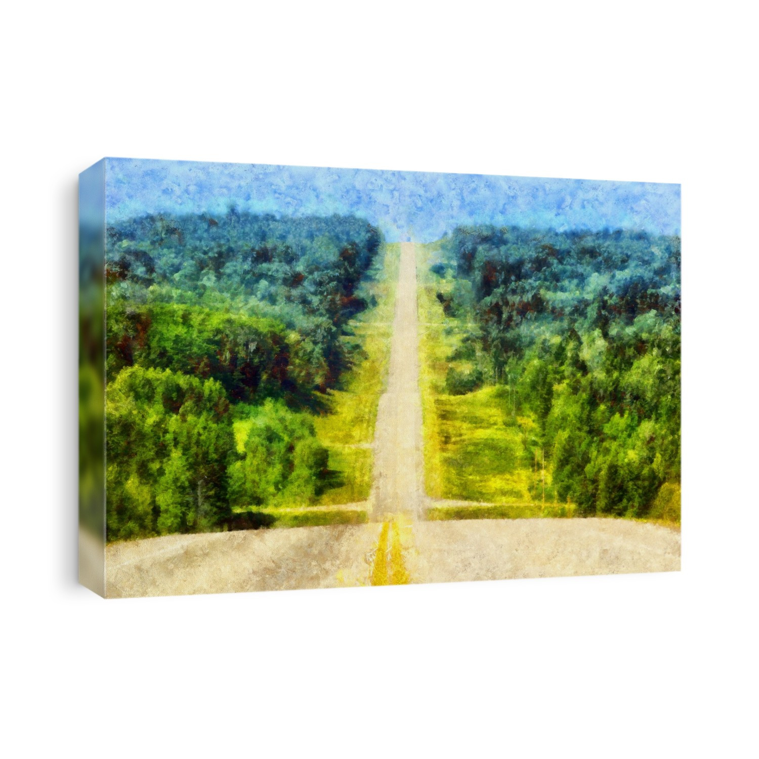 Digital painting of a highway lined with forests in the countryside