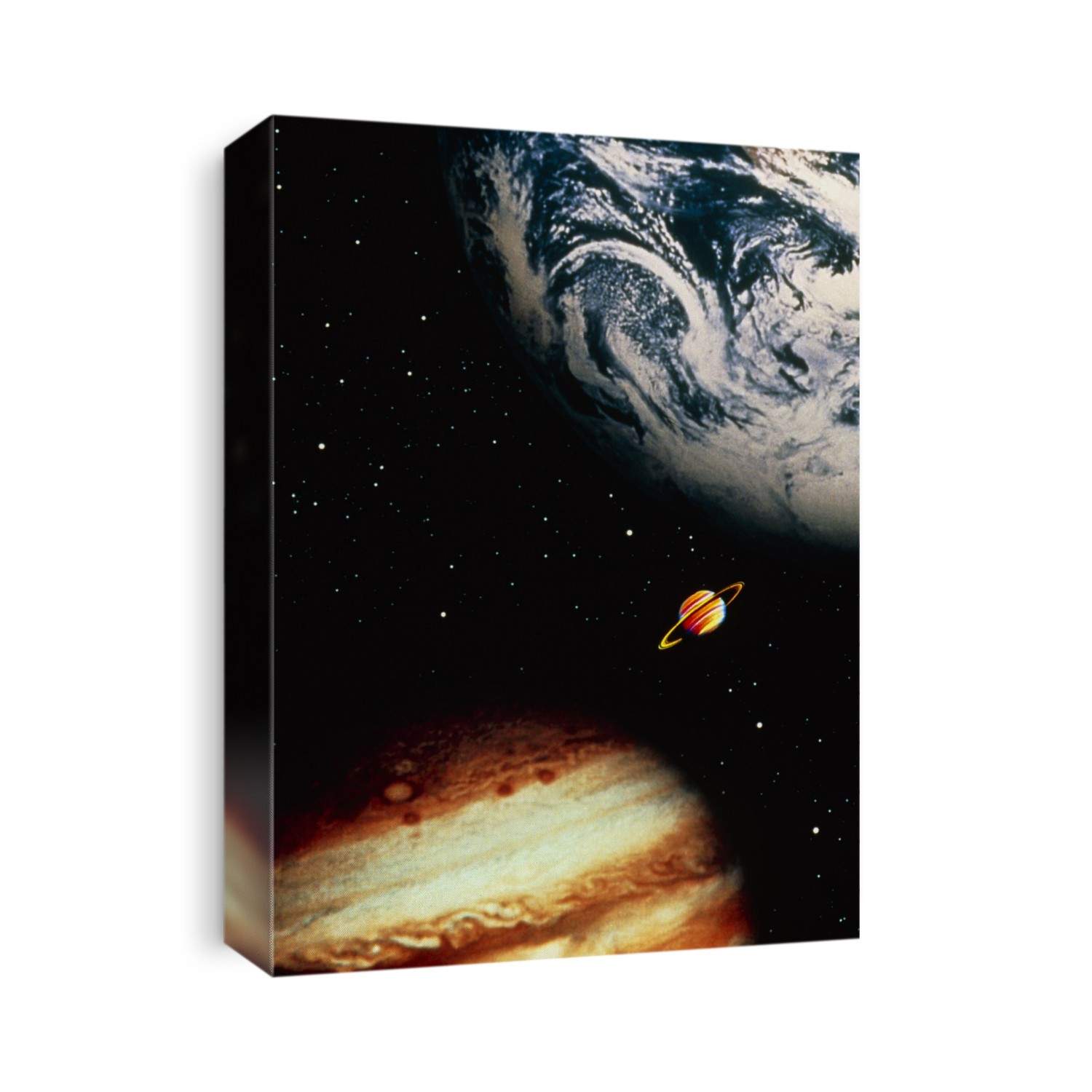 Planets. Computer graphic illustration showing three of the planets of the solar system in space. Seen here are Earth (top right), Saturn (centre right) and Jupiter (bottom left). This image is a composite of photographic images of the planets superimposed on a starfield.