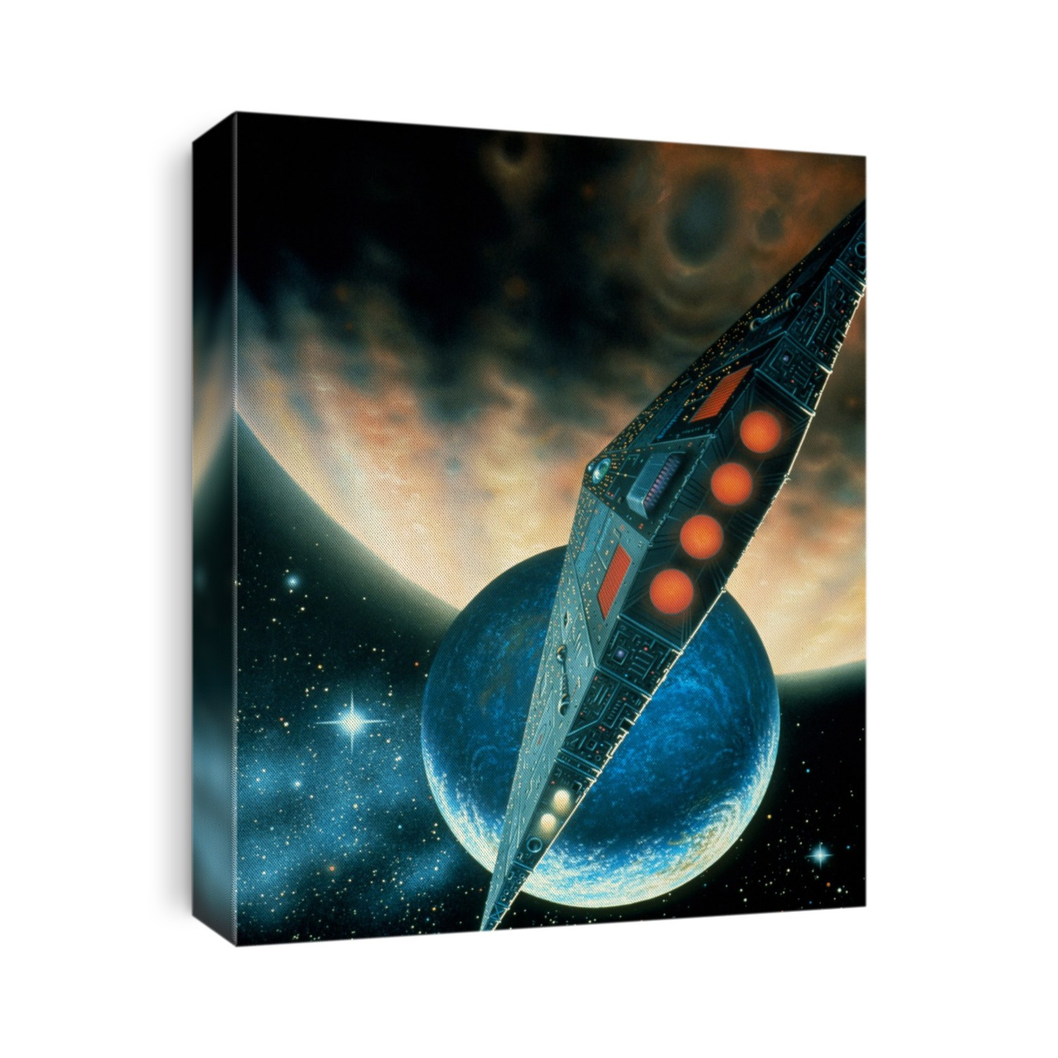 Space painting of a starship arriving at the moon of a gas giant.