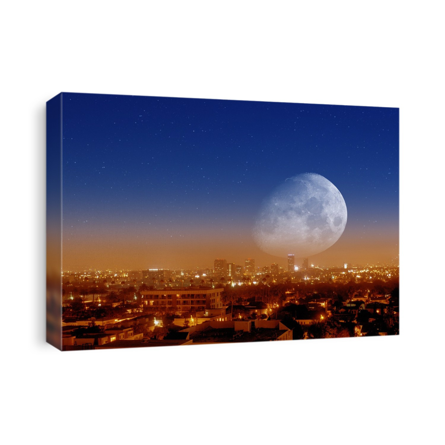 Moonrise over Los Angeles. View across the city of Los Angeles, USA, towards the moon rising on the horizon.