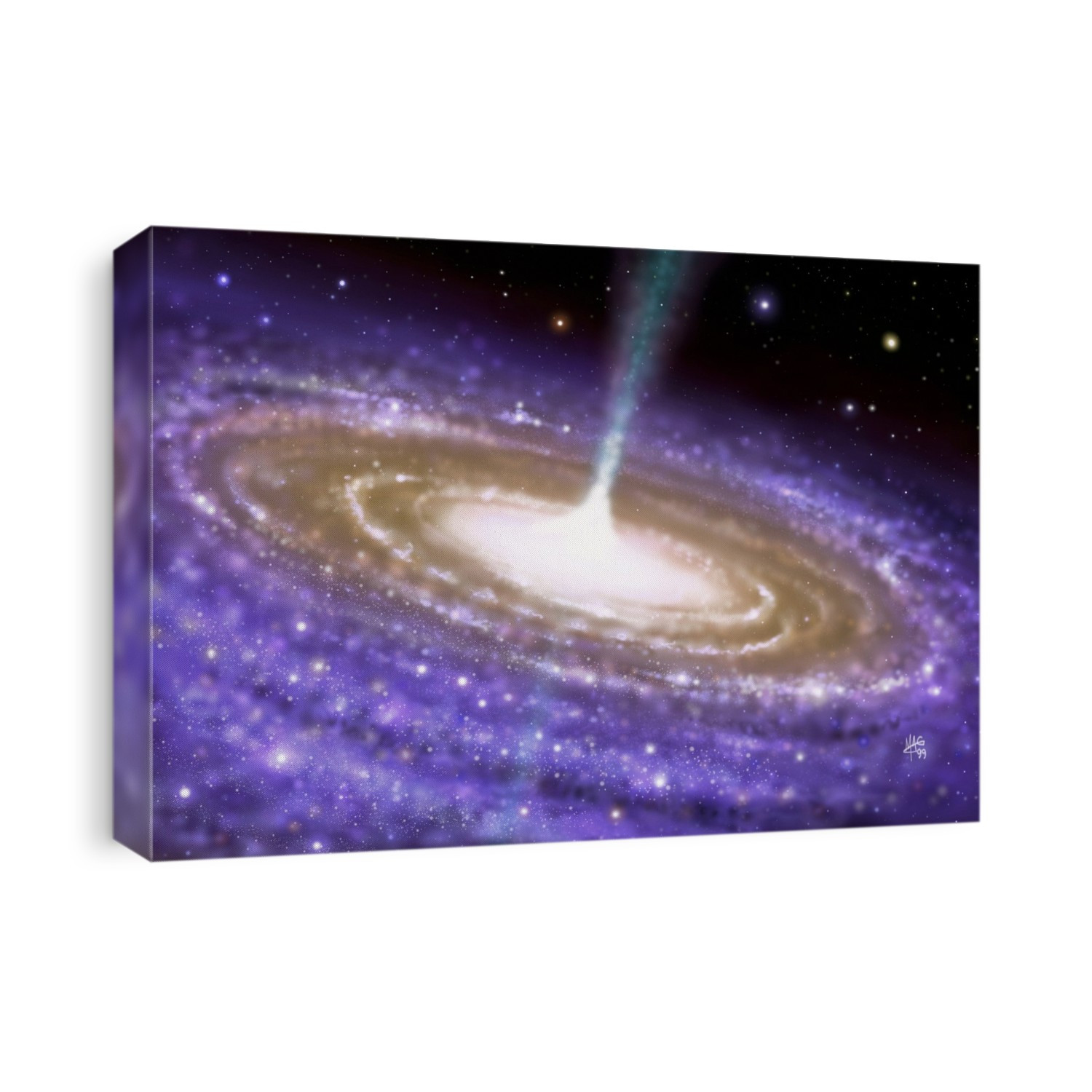 Active galaxy. Artwork of an active spiral galaxy with jets seen emanating from its centre. Active galaxies are those which emit unusually large amounts of energy. The jets, which generally emerge from the nucleus at a right angle to the galaxy's plane, consist of electrons moving close to the speed of light. The interaction of these charged particles with the magnetic field of the galaxy produces emissions known as synchrotron radiation. This radiation is seen as optical radiation (light), as well as at other wavelengths. It is thought that the power sources for these high-energy phenomena are enormous black holes at the galaxies' centres.