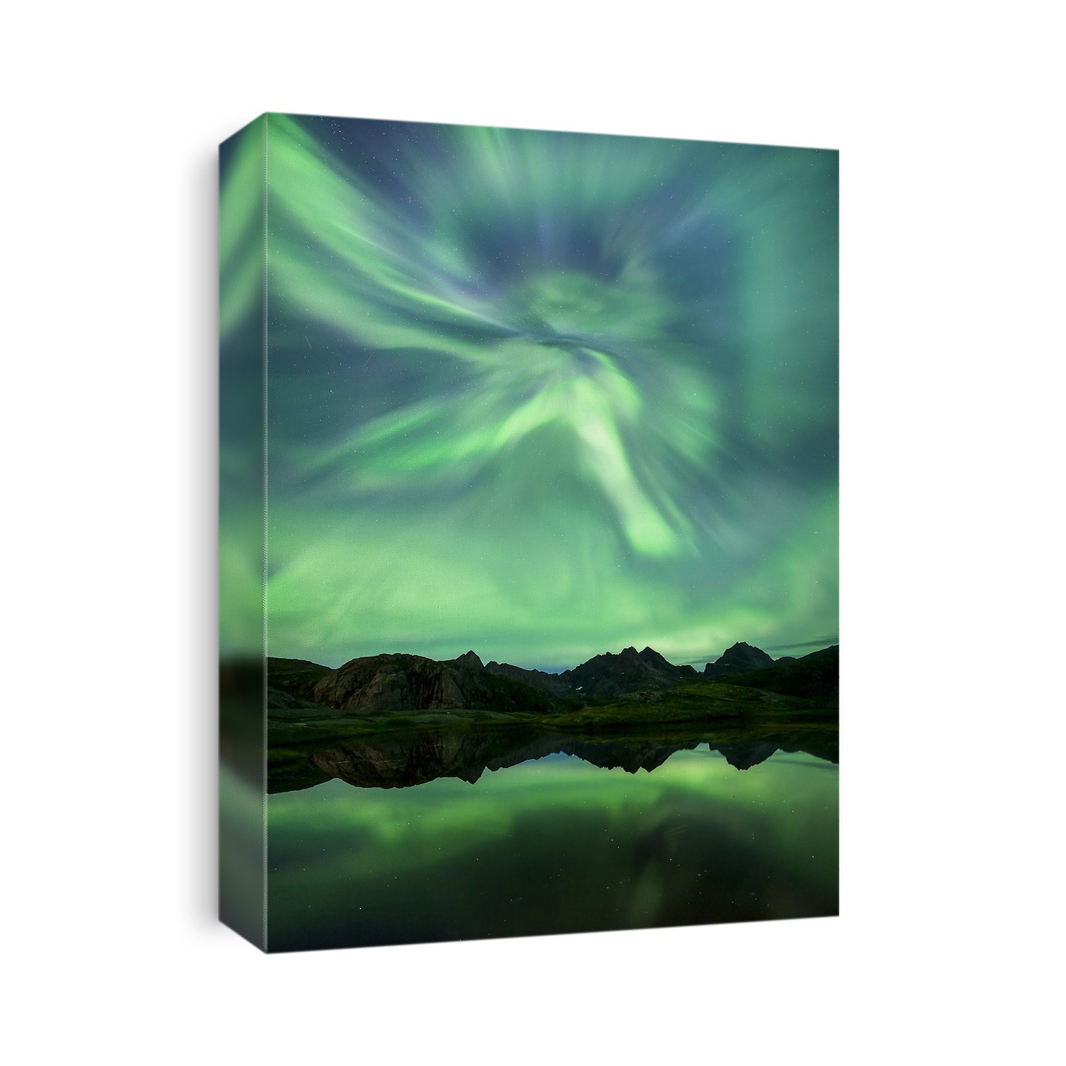 Aurora borealis corona over mountains, reflected in water. This coloured light display (the northern lights) is visible in the night sky at high latitudes. It occurs when charged and energetic particles from the Sun (the solar wind) are drawn by Earth's magnetic field to the polar regions. Hundreds of kilometres up, they collide with gas molecules and atoms, causing them to emit light. Photographed in Lofoten, Nordland, Norway.