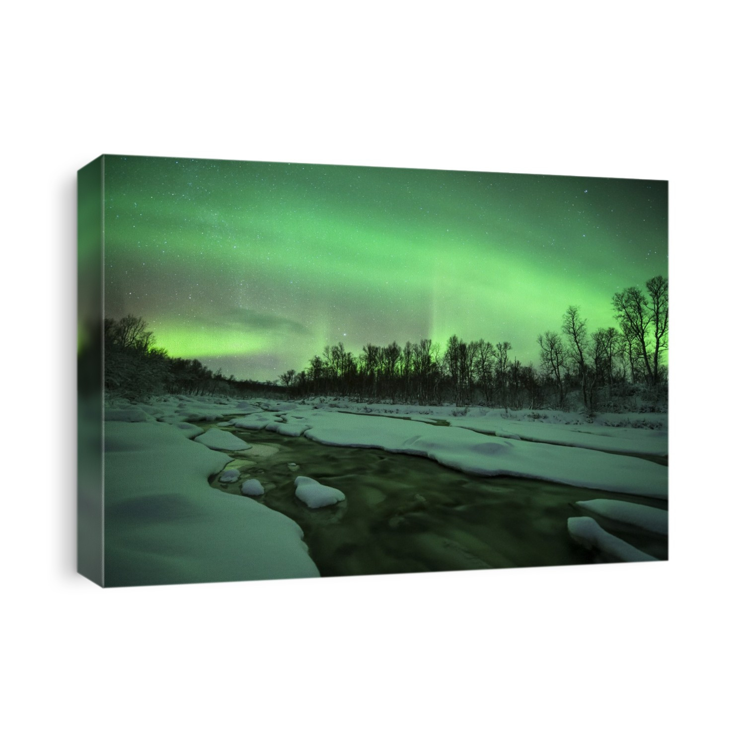 Aurora borealis. Aurora borealis (northern lights) over a snow-covered river. The aurora borealis is a coloured light display that is visible in the night sky at high latitudes. It occurs when charged and energetic particles from the Sun (the solar wind) are drawn by Earth's magnetic field to the polar regions. Hundreds of kilometres up, they collide with gas molecules and atoms, causing them to emit light. Photographed in Uman, Sweden, in December.