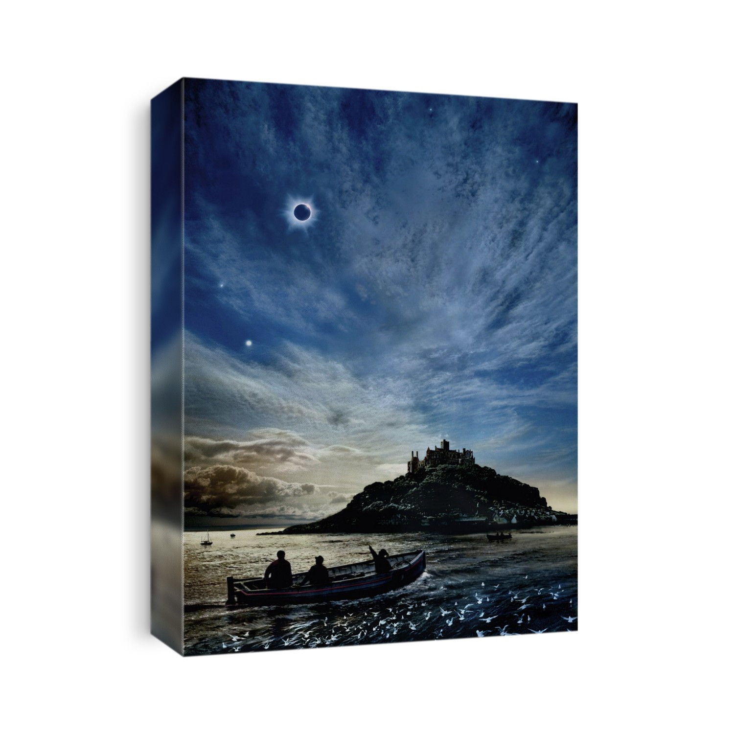 Total solar eclipse. Artwork of people watching the total solar eclipse of 11th August 1999 from the sea around St Michael's Mount, Cornwall, England. The solar corona (white) is visible around the Sun, and one last bead of light is seen at its upper right limb (the diamond ring effect) as the Sun shines through an irregularity on the Moon's surface. Solar eclipses occur when the Moon passes between the Earth and the Sun. St Michael's Mount is a 12th century former priory which is an island at high tide.