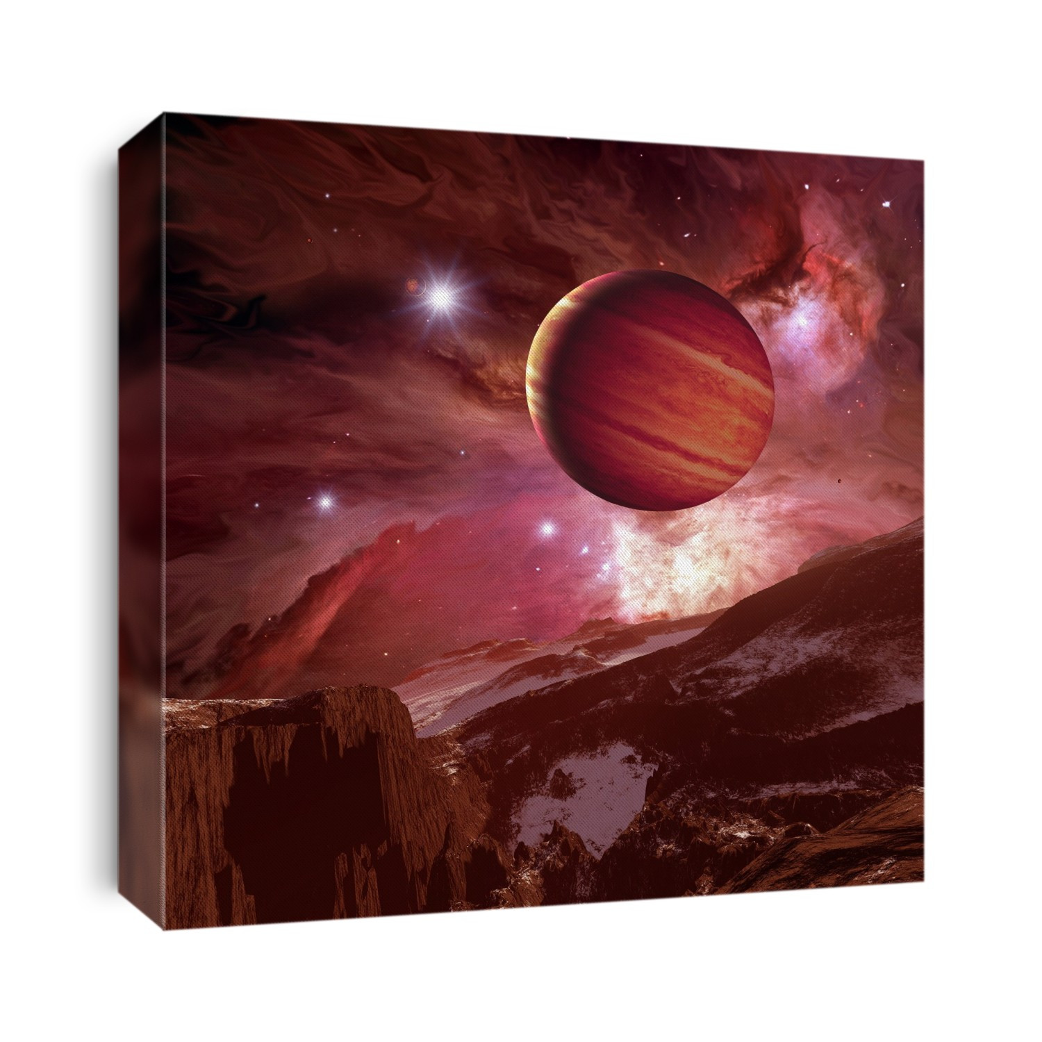 Alien landscape. Computer artwork of a view across the surface of an alien moon towards a gas giant planet (upper centre) and stars in the Orion Nebula (upper right).