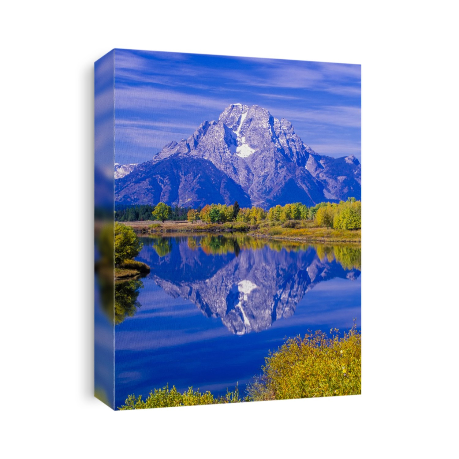 Mount Moran of the Grand Tetons reflected in Snake River in Grand Teton National Park in autumn; Wyoming, United States of America
