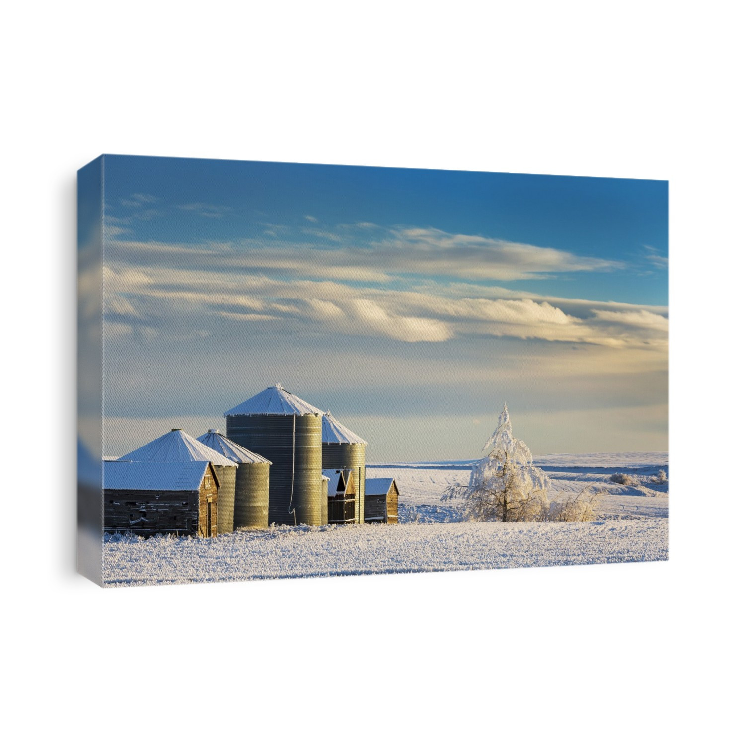 Snow Covered Metal And Wooden Grain Bins With Frosted Trees, Bushes And Stubble With Clouds And Blue Sky; Rosebud, Alberta, Canada