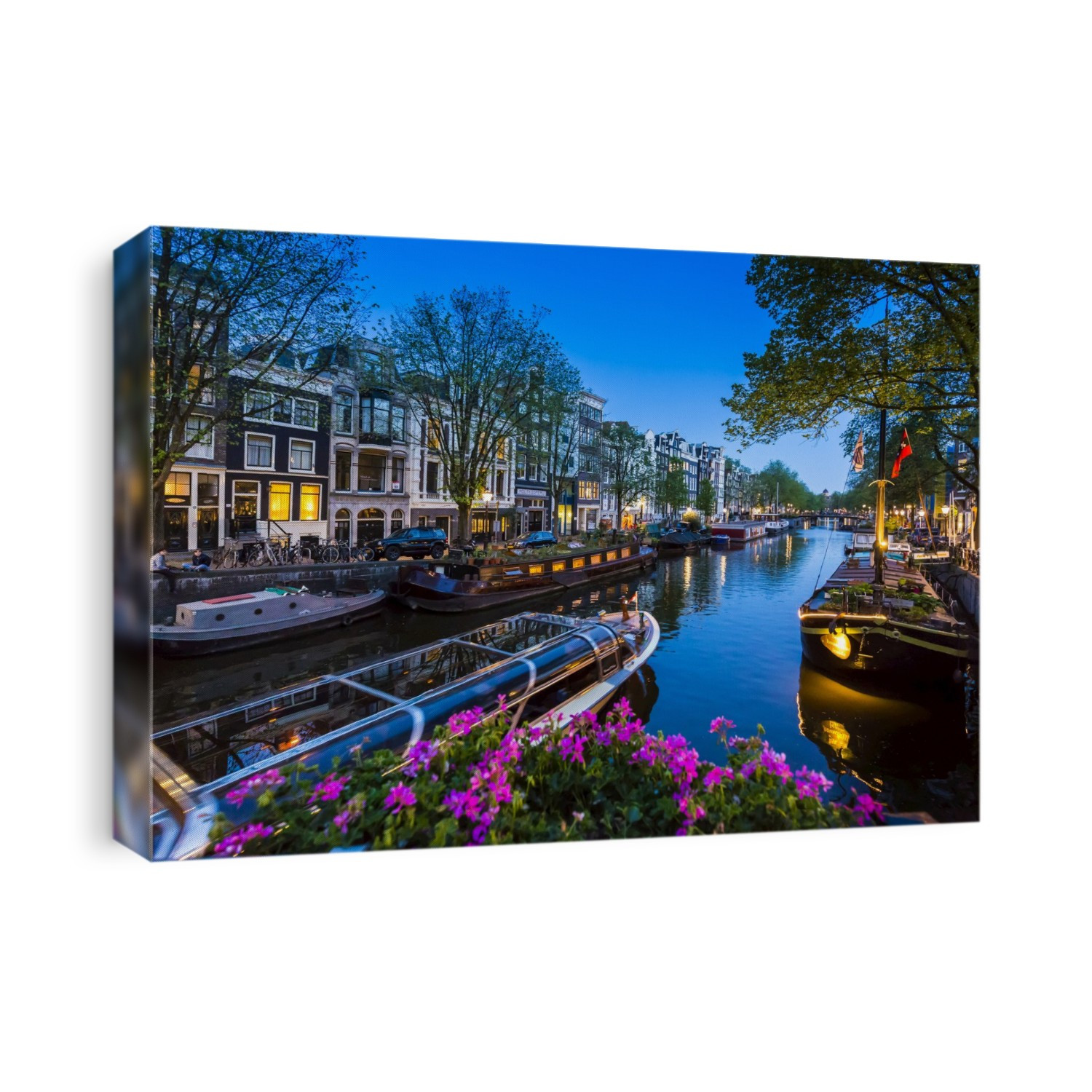 Tour boat travelling along the canal with houseboats moored along the seawall of the Keizersgracht in the enveing in Amsterdam, Holland.