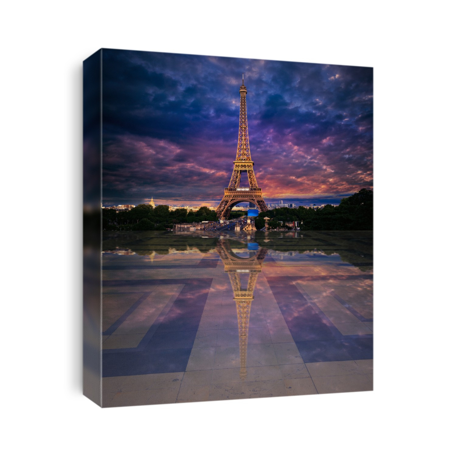 Eiffel Tower from Trocadero with photomount reflection on soil at sunset