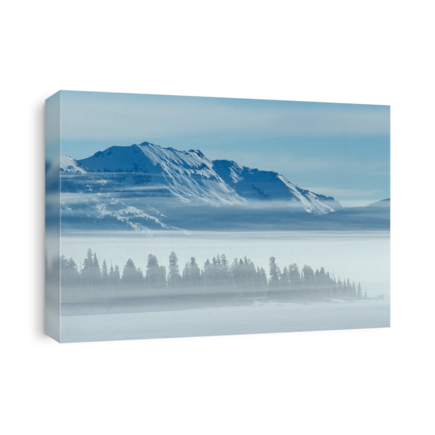 Stevenson Island, named after a member of the 1871 Hayden survey party, is the second largest of the seven islands in Yellowstone Lake. It is a low sliver of land about one mile long, seen here as a row of trees in the fog with Mount Chittenden rising ten miles beyond the island on the eastern boundary of the park in winter, Yellowstone National Park; Wyoming, United States of America