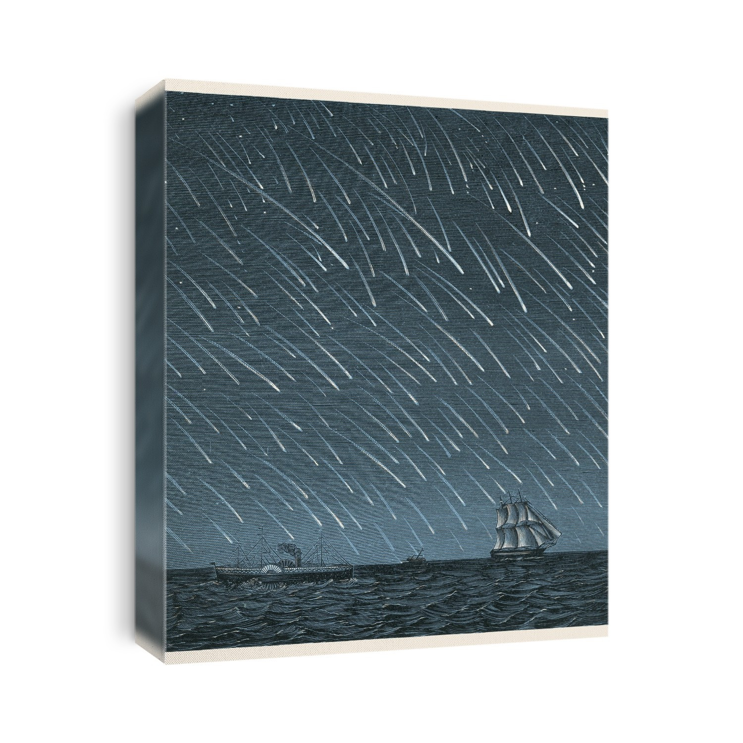 Meteor shower. Computer illustration of ships on the ocean under a meteor shower.