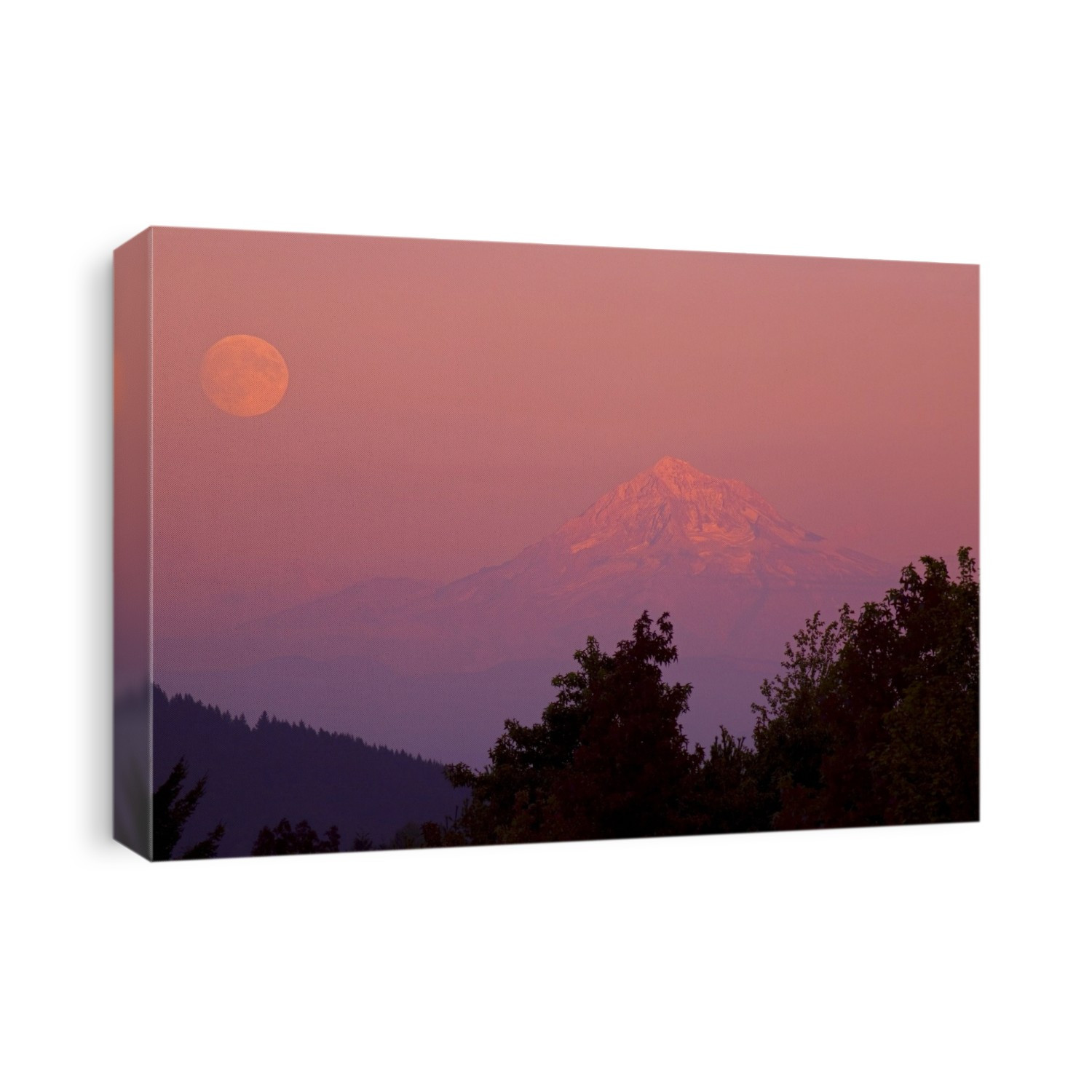 Snow-covered Mount Hood in winter, with a full moon and pink sunlight illuminating the peak and mountainside, Mount Hood National Forest; Oregon, United States of America