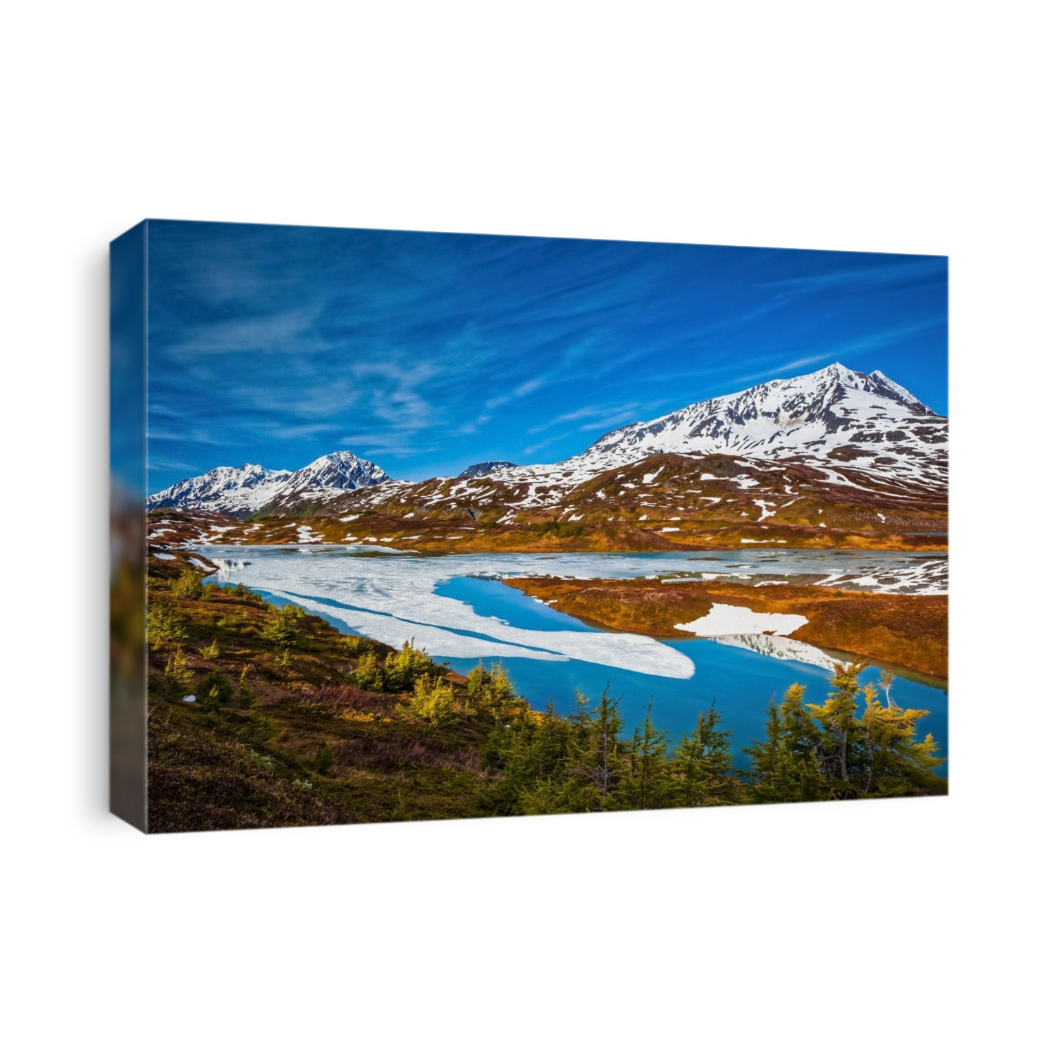 Mount Ascension, Resurrection Peaks, and half frozen Lost Lake, Chugach National Forest, Kenai Peninsula, South-central Alaska in springtime; Seward, Alaska, United States of America