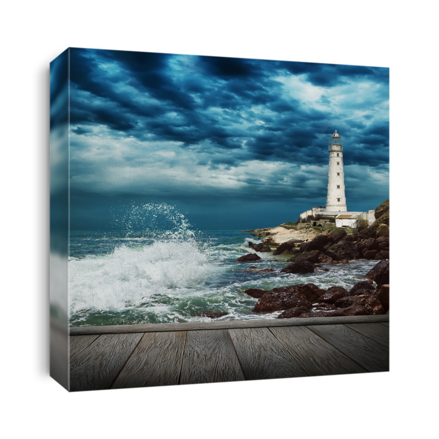 Big ocean wave breaking the shore near lighthouse and wood pier