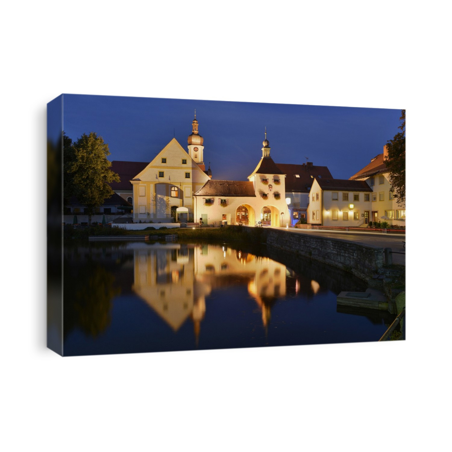 Reflection of Building Architecture in Pond during the Blue Hour, Allersberg, Upper Palatinate, Bavaria, Germany