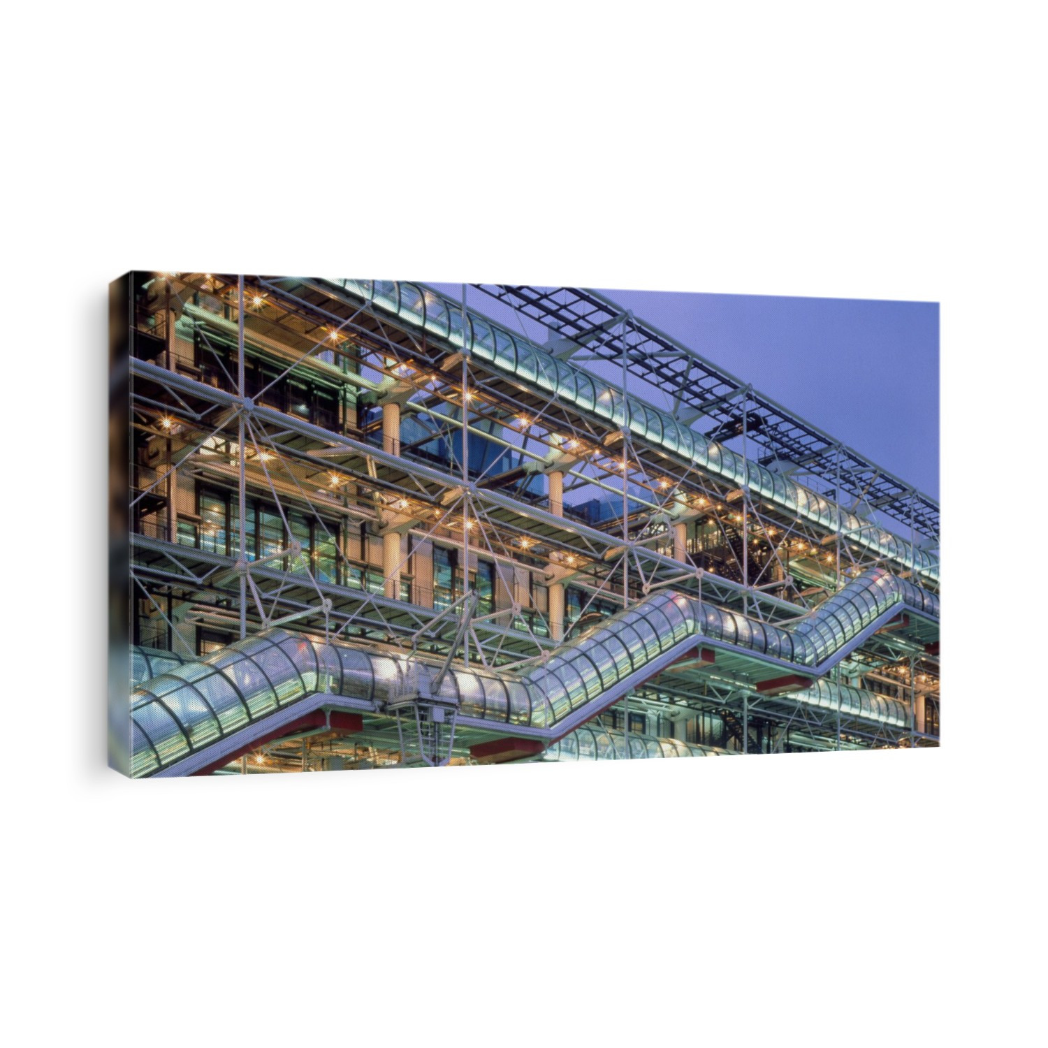 The Beaubourg or Georges Pompidou Centre, Paris, designed by architects Panzi and Rogers. Structures such as heating ducts and this glass- enclosed escalator have been made external architectural features of the building. The Beaubourg houses the National Museum of Modern Art and various other temporary and permanent art exhibitions. London's Lloyds' building, similar in structure, was also designed by Richard Rogers.