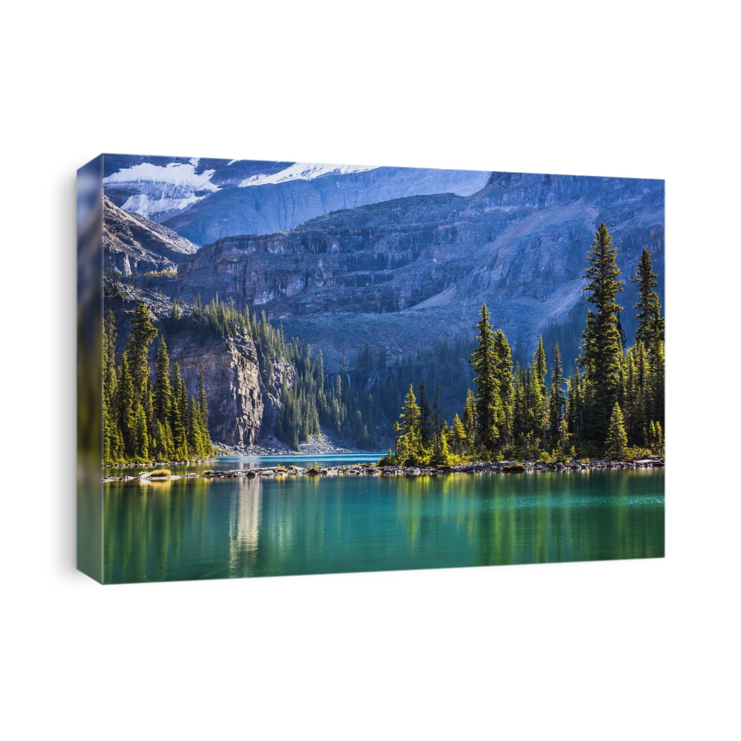 Evergreen Trees and Alpine Lake at Base of Mountains, Lake O'Hara, Yoho National Park, British Columbia, Canada