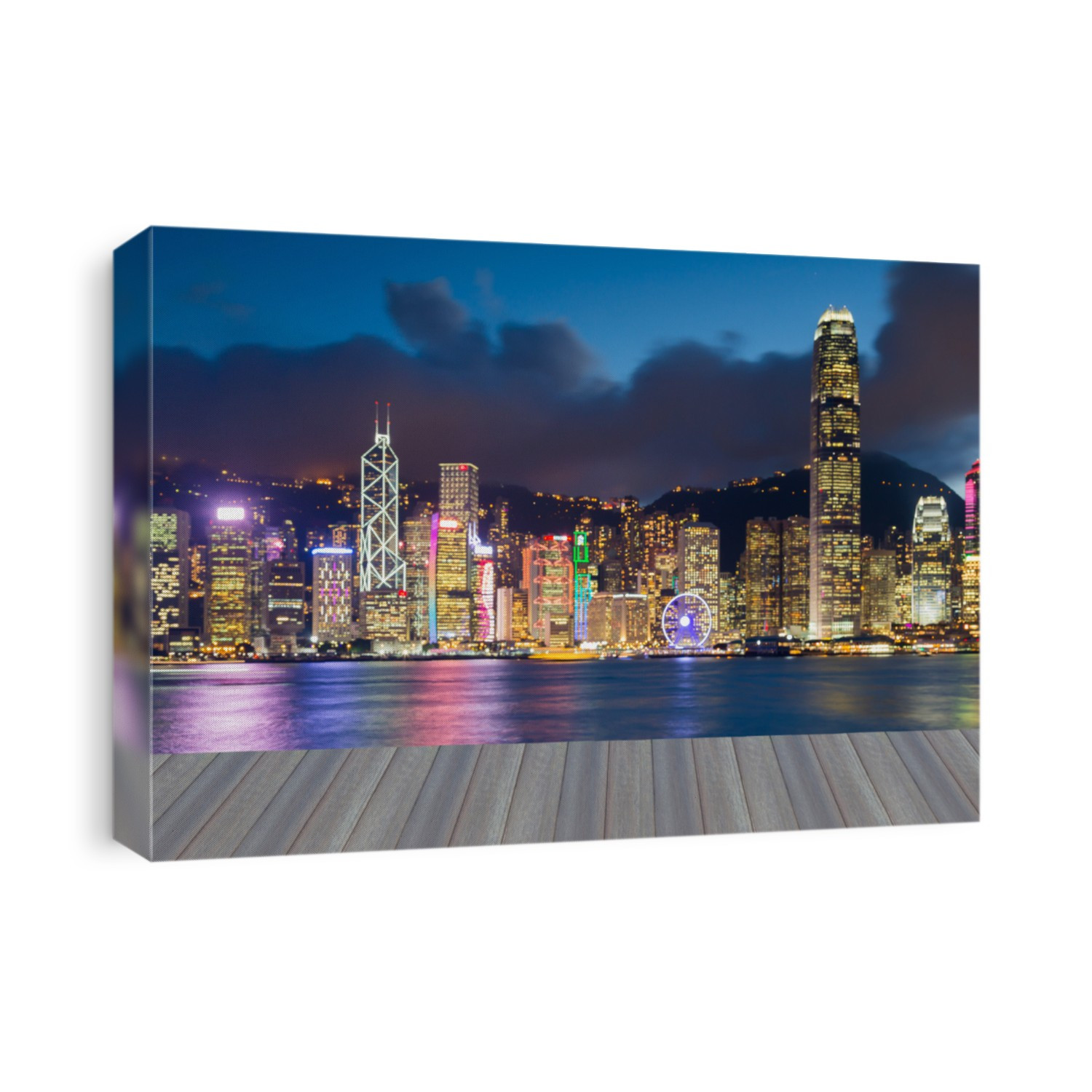Opening wooden floor, City light blurred bokeh night view, Hong Kong city sea front at twilight, abstract background